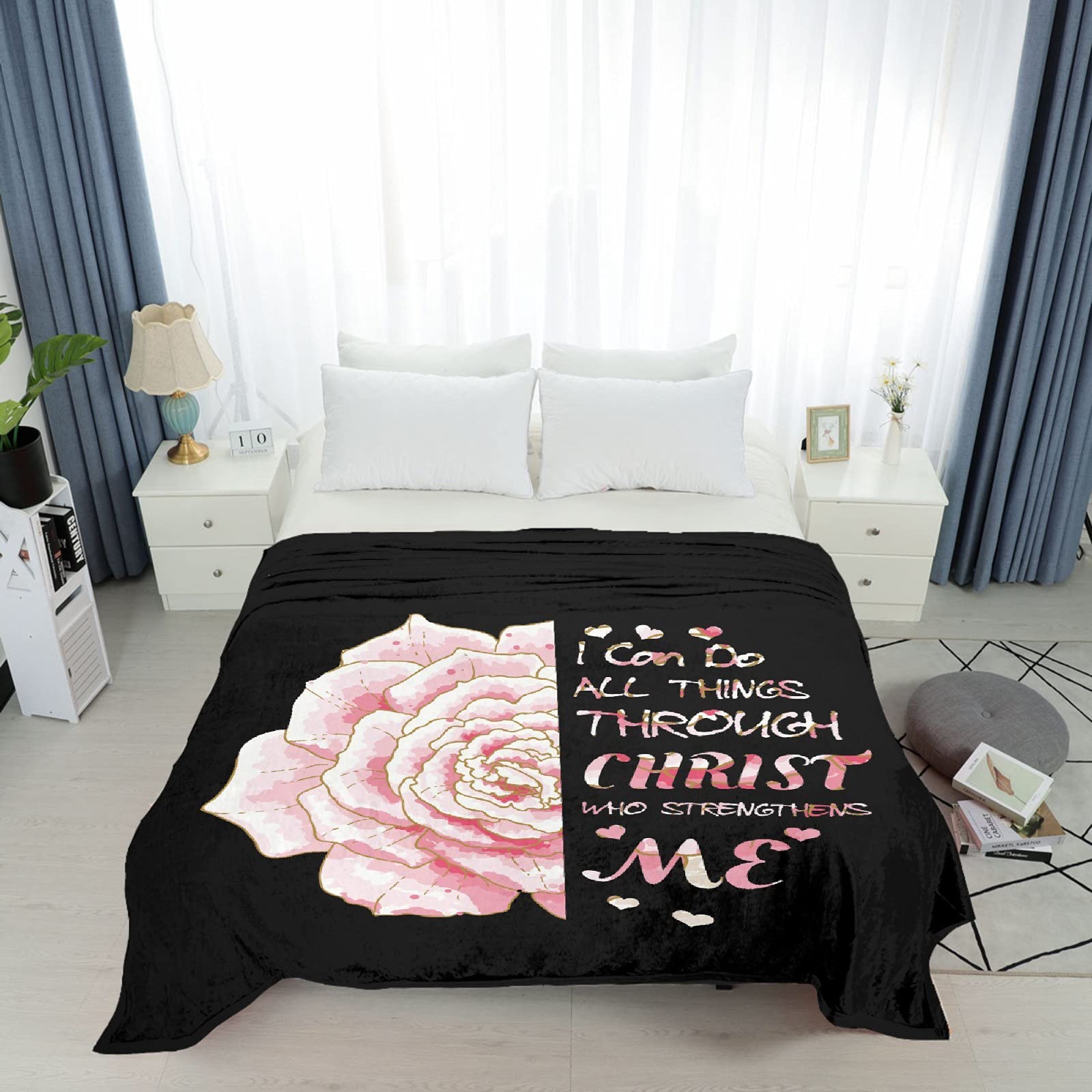 Bible Verse Throw Blanket - Soft Floral Flannel for Bed & Sofa - Warm Gift for Kids