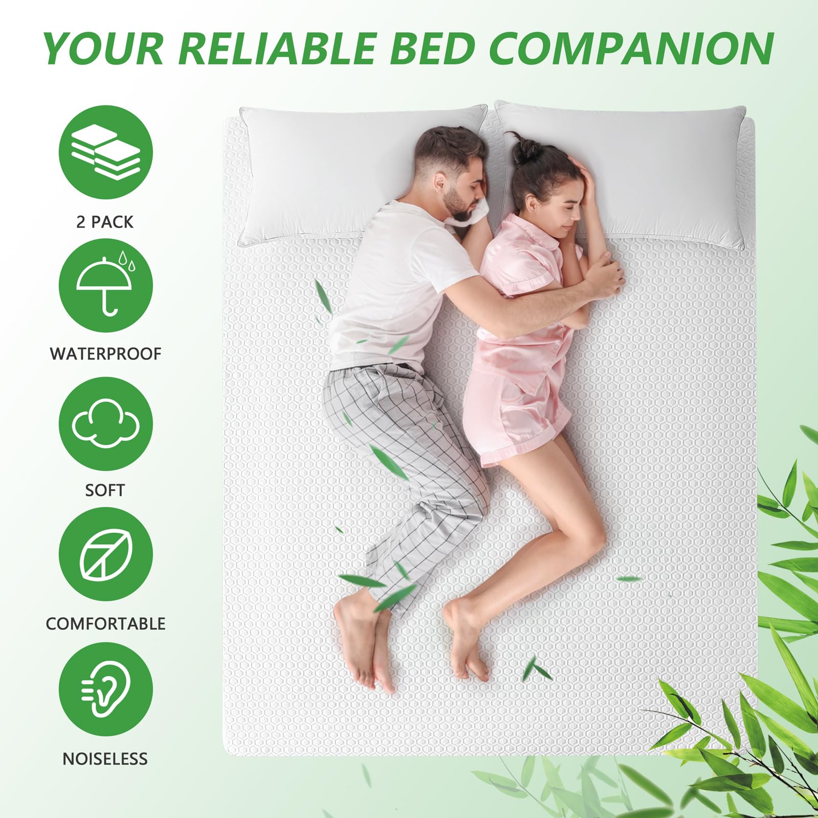 2 Pack Full Size 100% Waterproof Mattress Protector - Premium Bamboo Viscose 3D Airflow Fabric, Ultra Soft Breathable Mattress Pad Cover, Noiseless & Washable, Fits 8