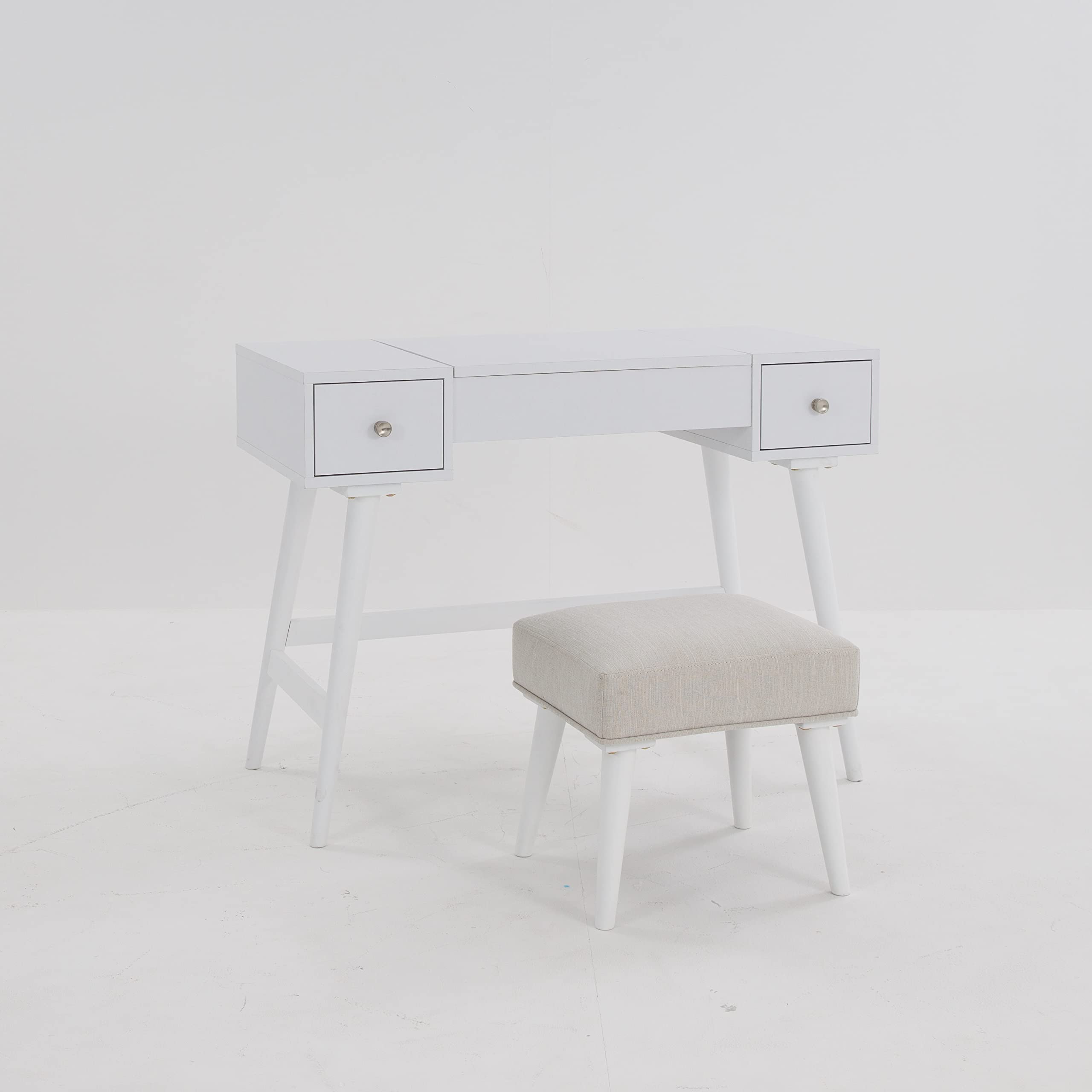 Signature Design by Ashley Thadamere Modern Glam Bedroom Vanity Set with Stool - White Makeup Dressing Table for Women, Girls Bedroom Decor & Beauty Organization