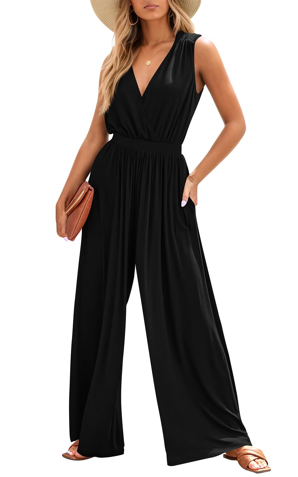 PRETTYGARDEN Women's Summer Jumpsuit 2024 - Sleeveless V-Neck Romper | Casual One-Piece Outfit for Beach, Party & Vacation | Flowy Dressy Jumpsuits for Women