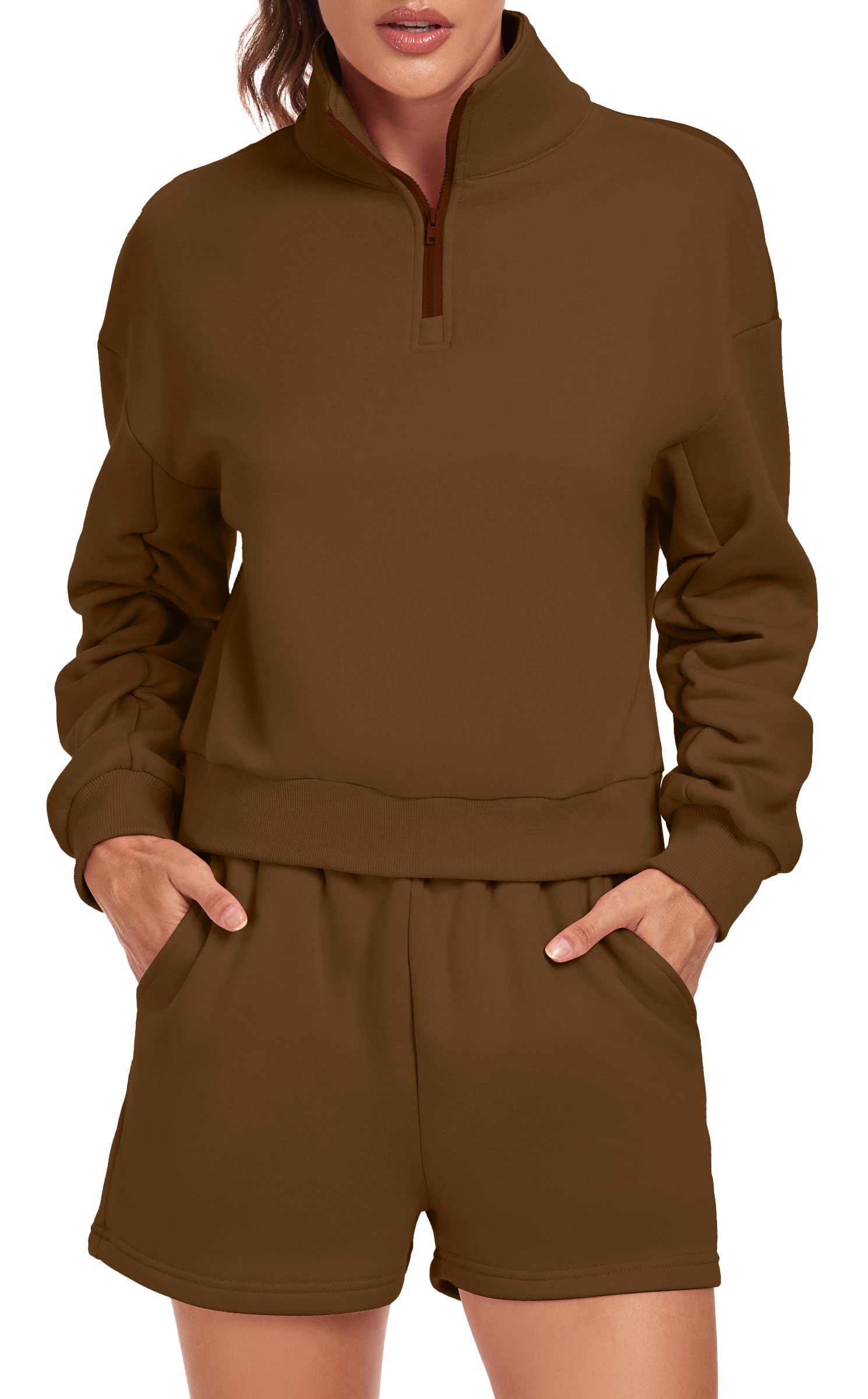 Women's 2-Piece Oversized Half-Zip Sweatshirt & Shorts Lounge Set - Casual Tracksuit for Women - Perfect for Home, Gym, and Everyday Wear