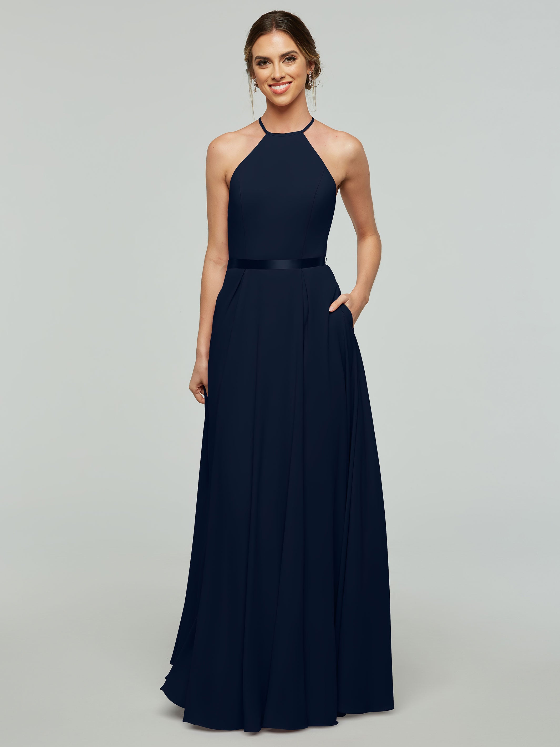 Elegant A-Line Stretch Chiffon Bridesmaid Dress with Halter Neckline & Adjustable Waist Belt - Perfect for Weddings, Formal Events & Special Occasions