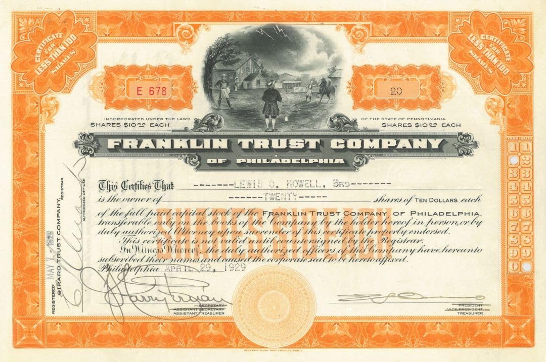 Franklin Trust Co. Vintage Stock Certificate with Benjamin Franklin Kite & Lightning Experiment Vignette - Rare Collectible for History Buffs, Wall Art Decor, and Investment Memorabilia