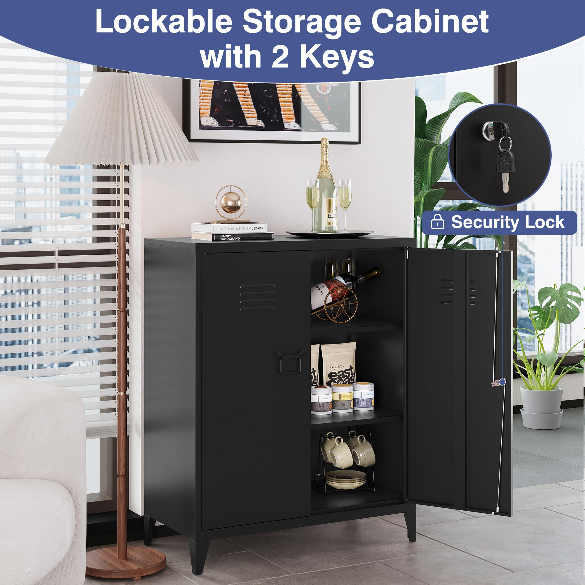 Black Metal Storage Cabinet with Doors & Adjustable Shelves - Home Office Organization Cabinet with Lock & Leveling Legs (Assembly Required) | Perfect for Office Supplies, Tools & Household Storage