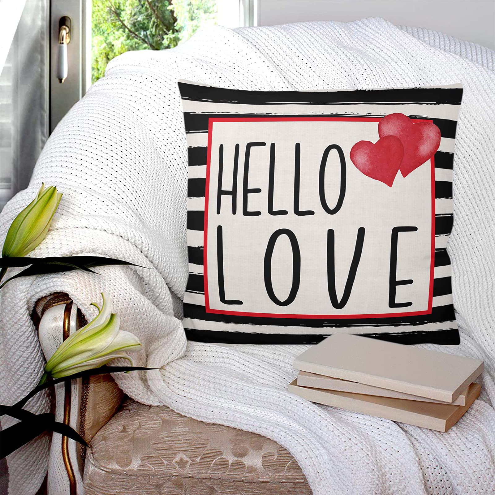 Valentine's Day Throw Pillow Covers 18x18 Inches - Decorative Cushion Covers for Sofa, Couch & Chair - Hello Love Black Stripes Design - Perfect for Home Decor, Romantic Gifts & Cozy Living Room Accents
