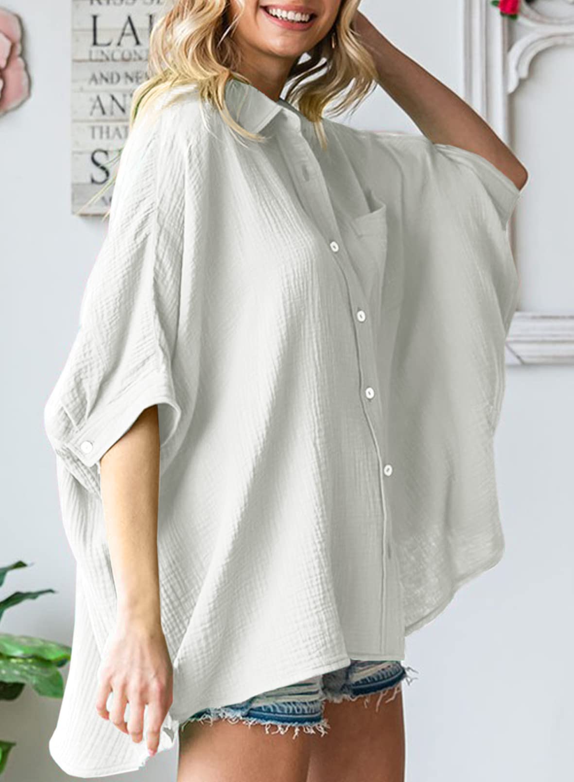 Stylish Women's Oversized Button Down Shirts - 3/4 Sleeve V-Neck Blouse with Textured Fabric for Casual Workwear & Weekend Outfits