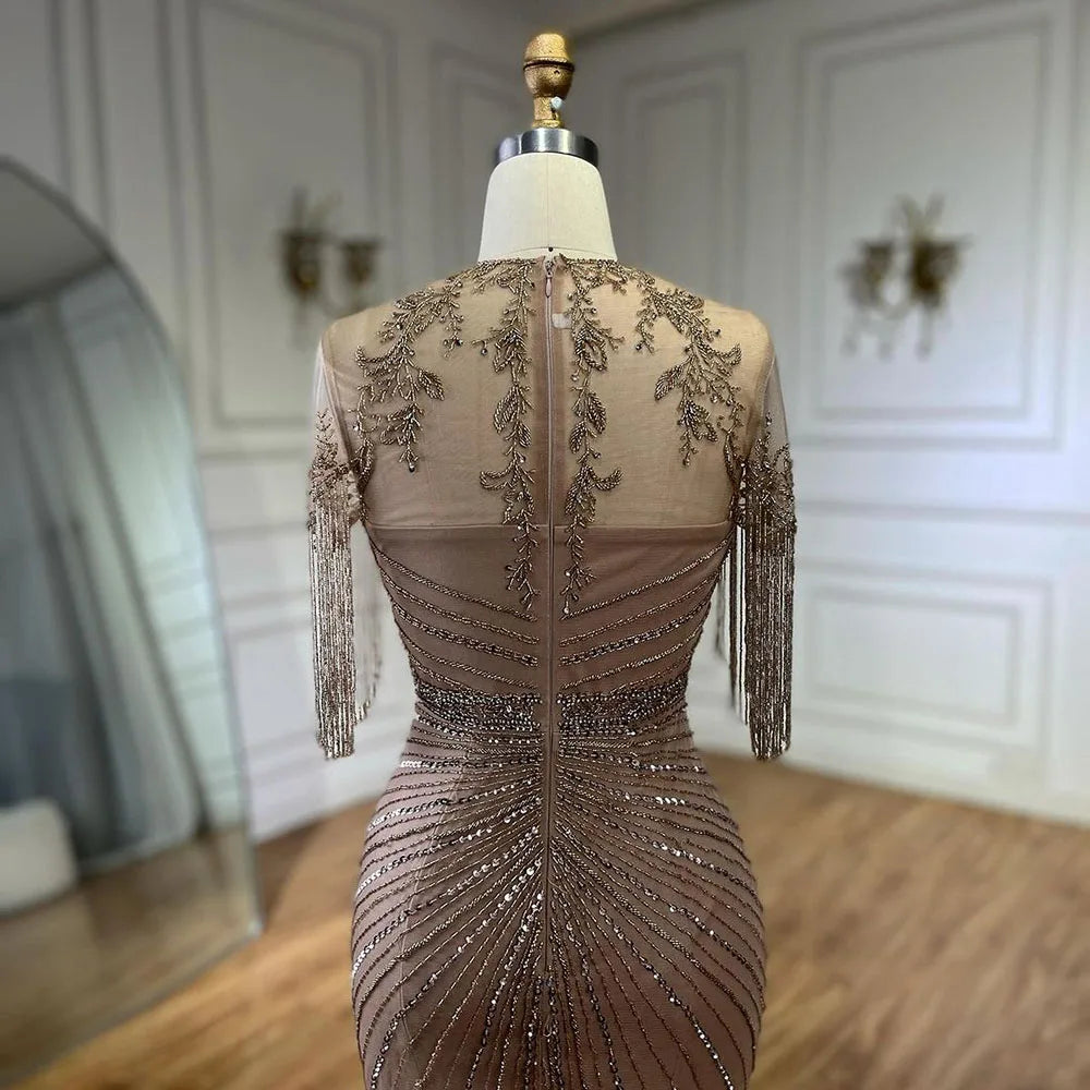 Luxury Dubai Arabic Caramel Tassel Mermaid Beaded Evening Gown for Women - Wedding, Party & Special Occasion Dresses 2025 | Elegant Formal Wear for Brides, Prom & Red Carpet Events