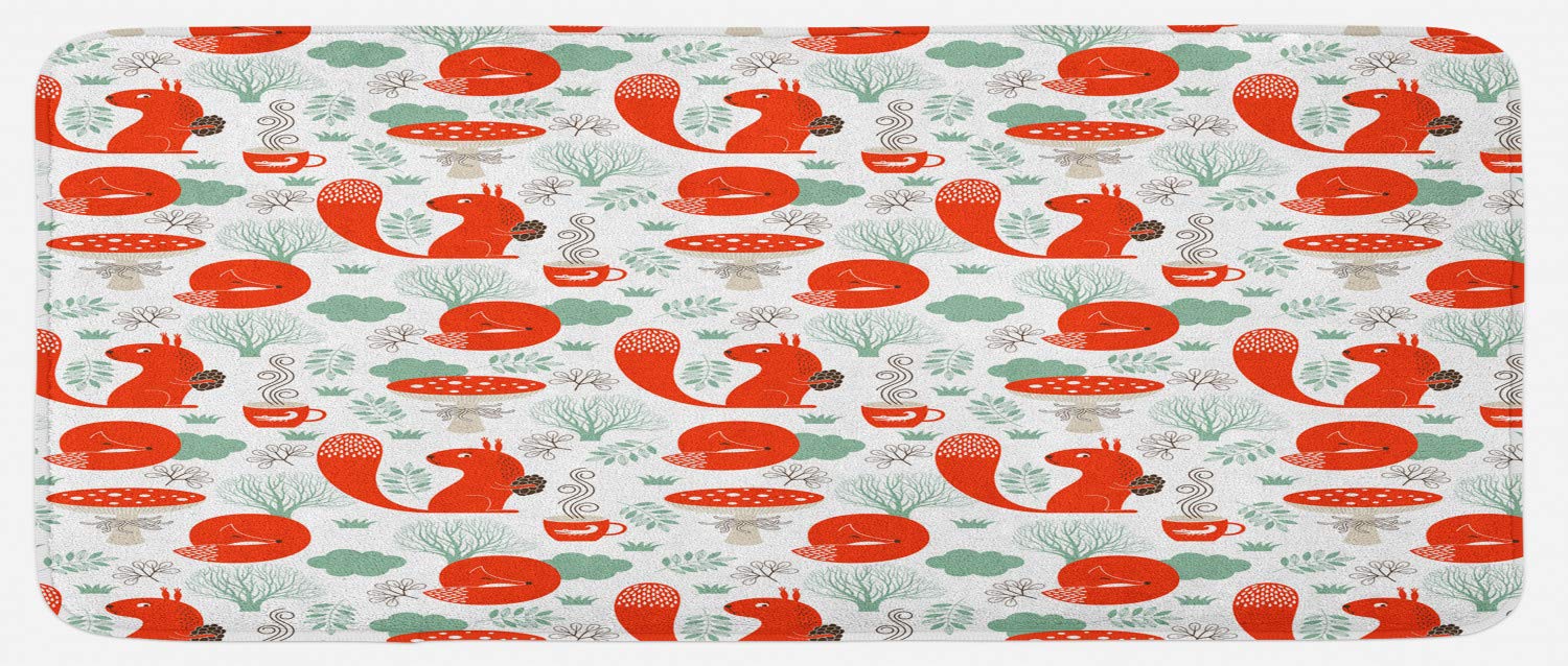 Ambesonne Bohemian Fox Kitchen Mat - Non-Slip Plush Rug for Kitchen, Dining Room, or Entryway - Funny Animal Design with Fox, Squirrel & Tea Motif - 47x19 Inches, Reseda Green & Dark Brown - Perfect for Home Decor, Pet Areas & Cozy Spaces