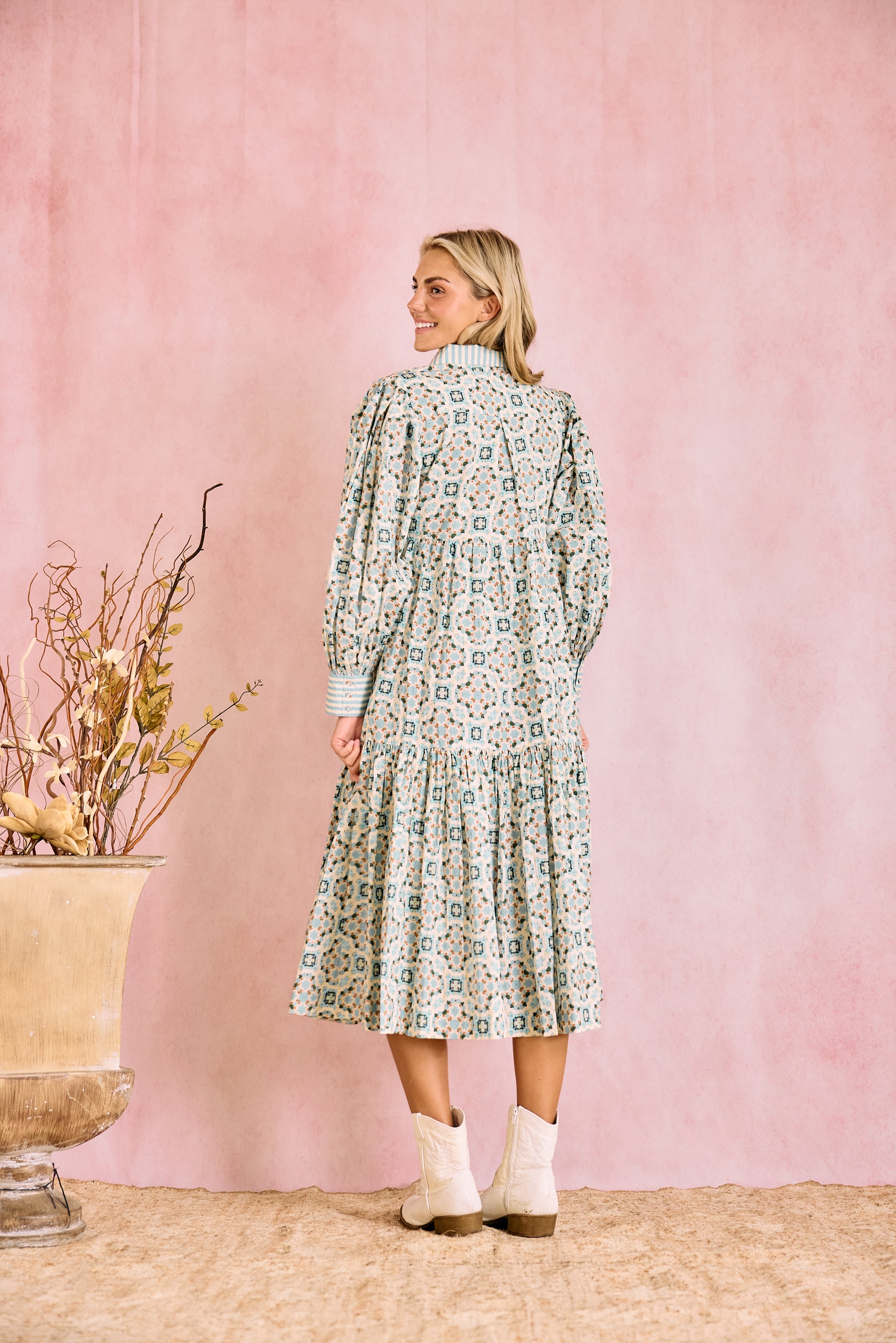 Laura Long Sleeve Quatrefoil Print Dress in Blue & Ivory - Elegant Office Wear & Casual Party Outfit