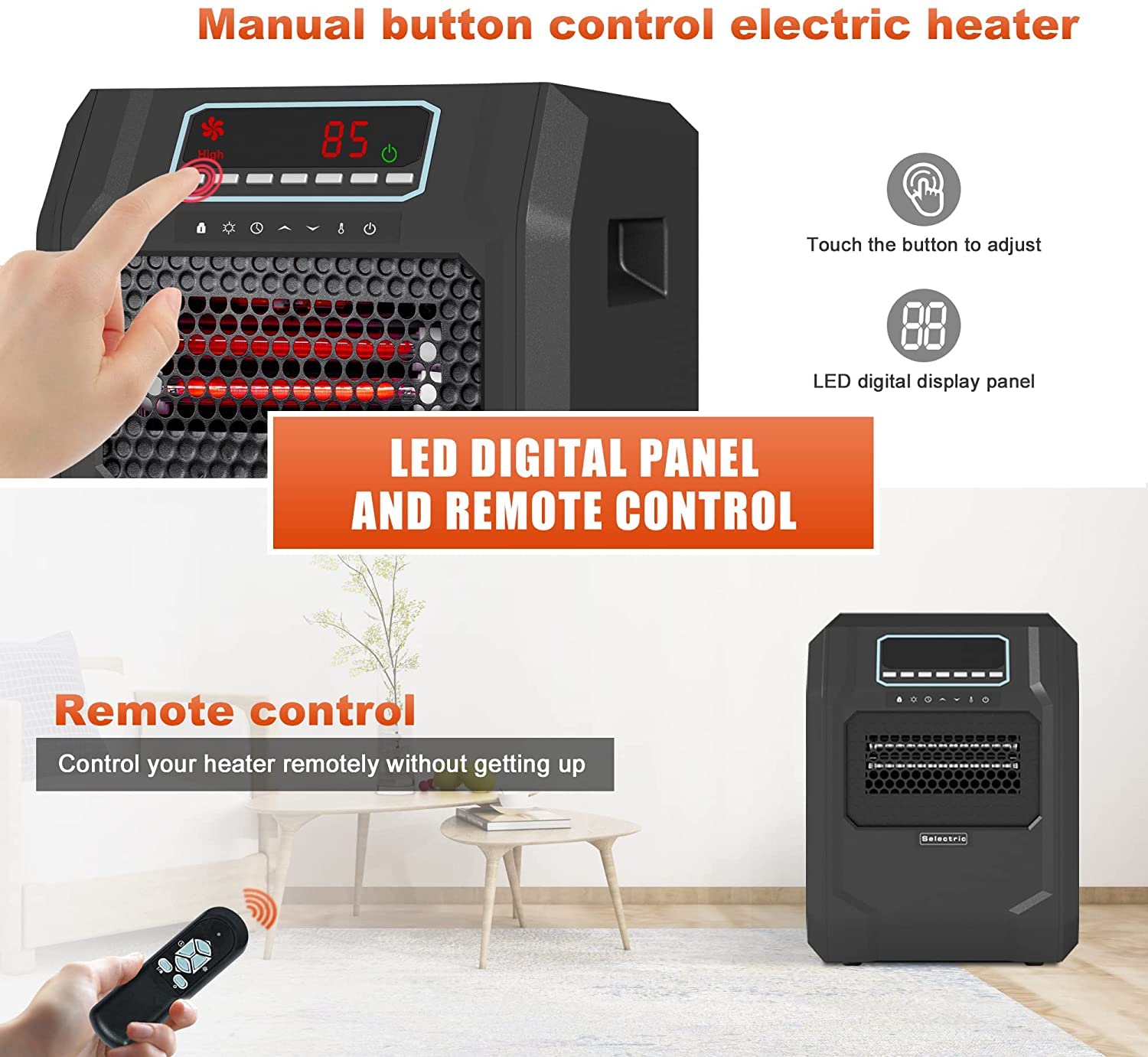 VOLTORB Freestanding Portable Electric Space Heater with LED Display & Remote Control - 1500W Fast Heating, Fan Only Mode, Quiet Operation for Bedroom, Office, Indoor Use - Energy Efficient Black Heater for Winter & Cold Weather