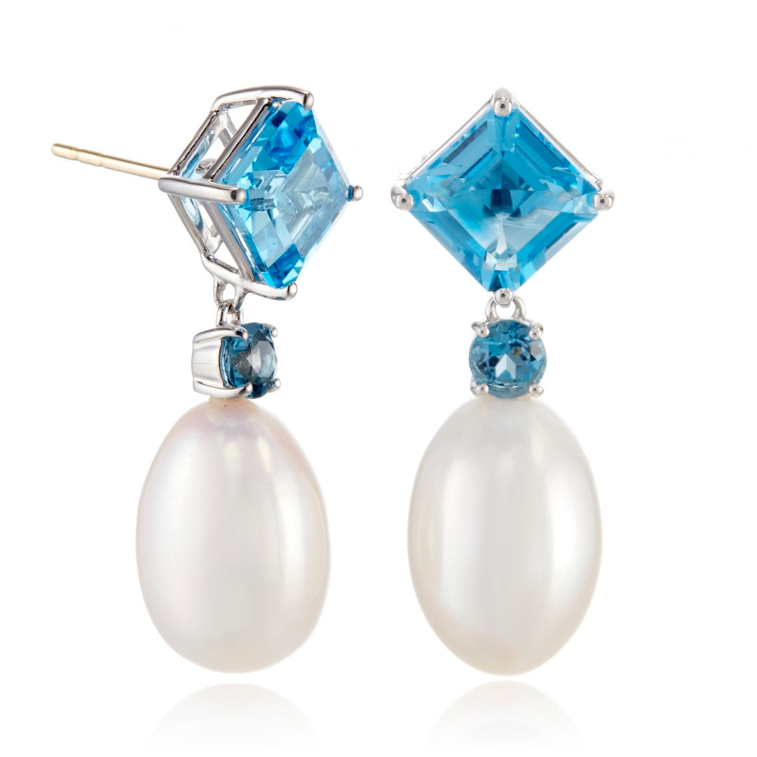 Carmel Drop Earrings with Pearls & Blue Topaz - Elegant Dangle Earrings for Women, Perfect for Weddings, Parties & Special Occasions