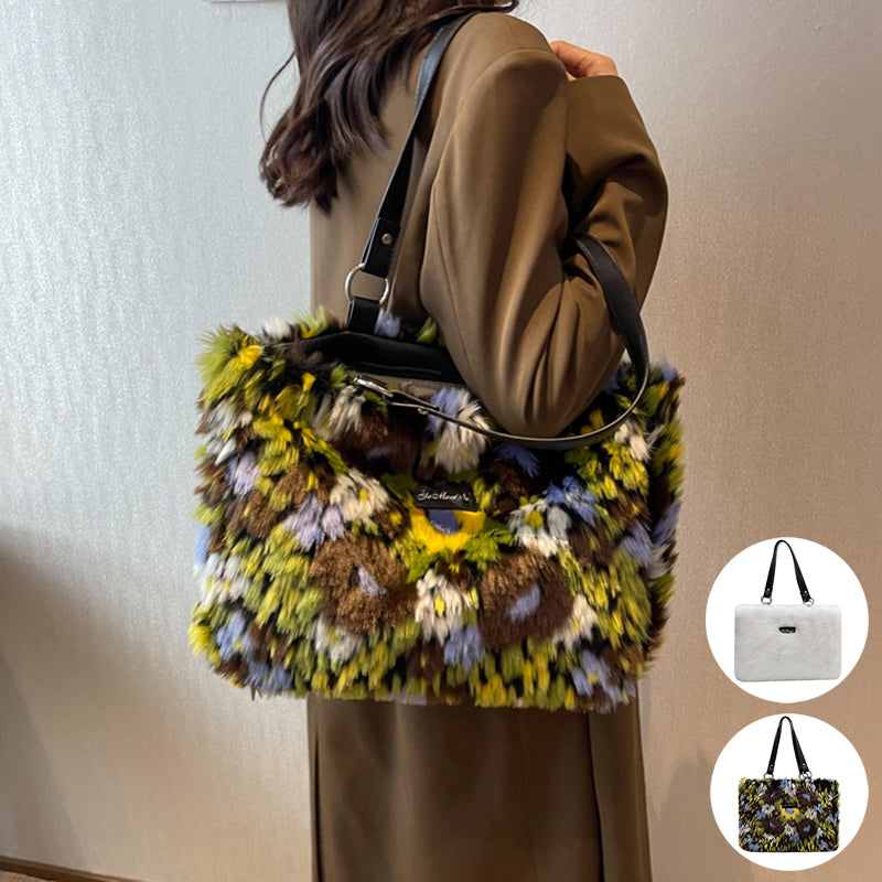 Women's Winter Plush Flower Shoulder Bag - Elegant Handbag for Casual Outings, Shopping & Travel