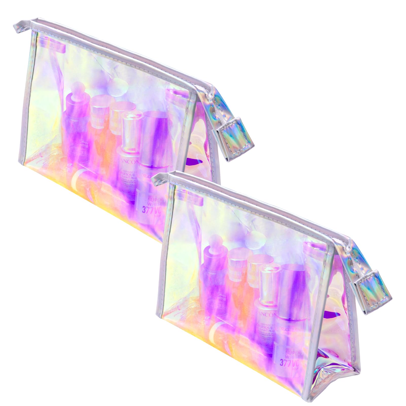 2 Pack Holographic Makeup Bags - Iridescent Waterproof Cosmetic Pouches with Zipper for Travel, Toiletries & Makeup Brushes | Portable Makeup Organizer & Gift Bags for Women | Perfect for Gym, Vacation & Daily Beauty Essentials