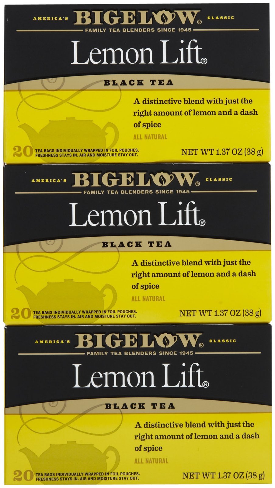 Bigelow Lemon Lift Tea Bags - 20 Count (Pack of 3) | Caffeinated Black Tea with Lemon Flavor | Perfect for Morning Boost, Afternoon Pick-Me-Up & Relaxing Evening Tea Time