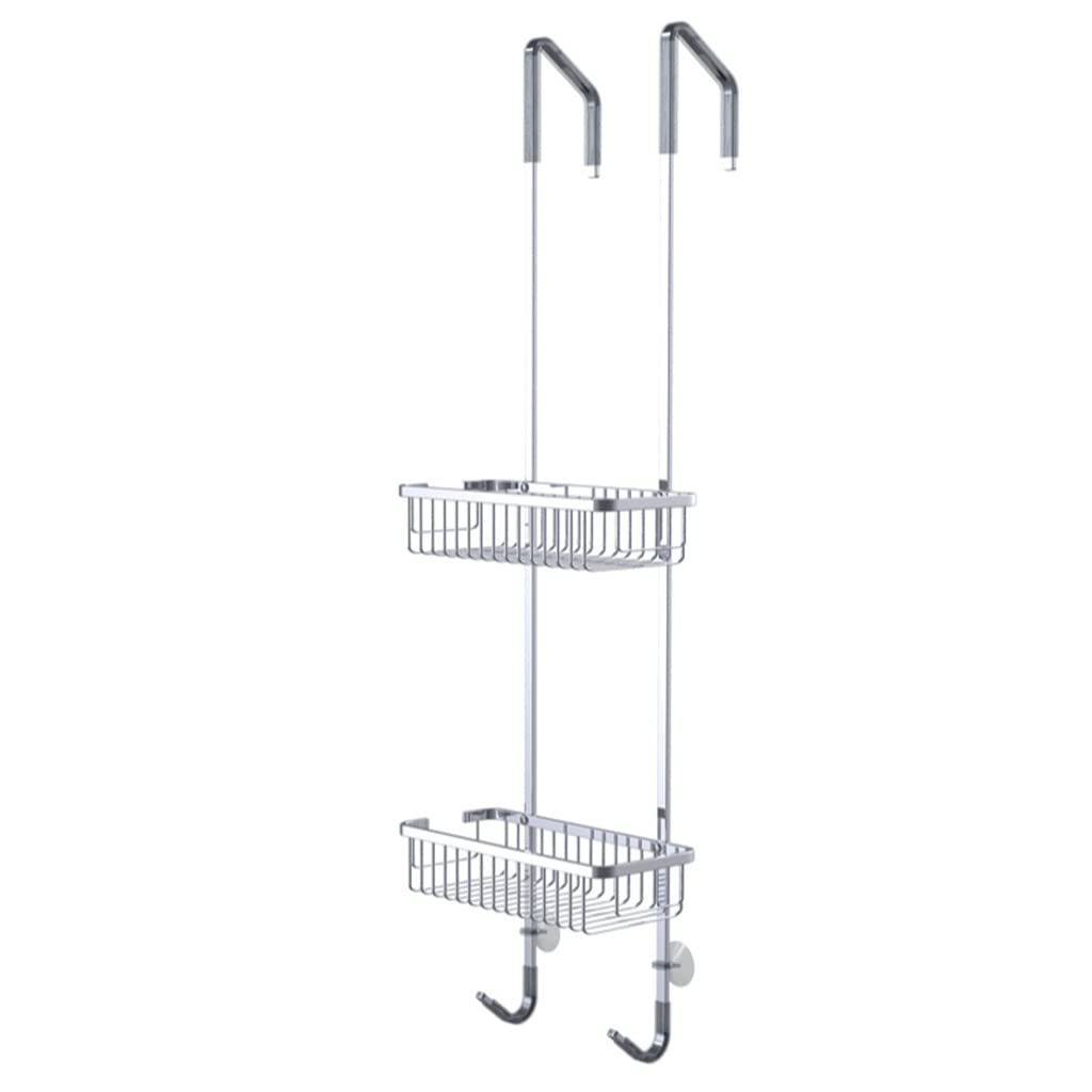 Stainless Steel Over Shower Door Organizer - 2-Tier Hanging Bathroom Storage Caddy with Built-in Hooks & Baskets for Shampoo, Body Wash, Soap (26.5 x 88cm, Silver) - Perfect for Small Bathrooms & Apartment Showers