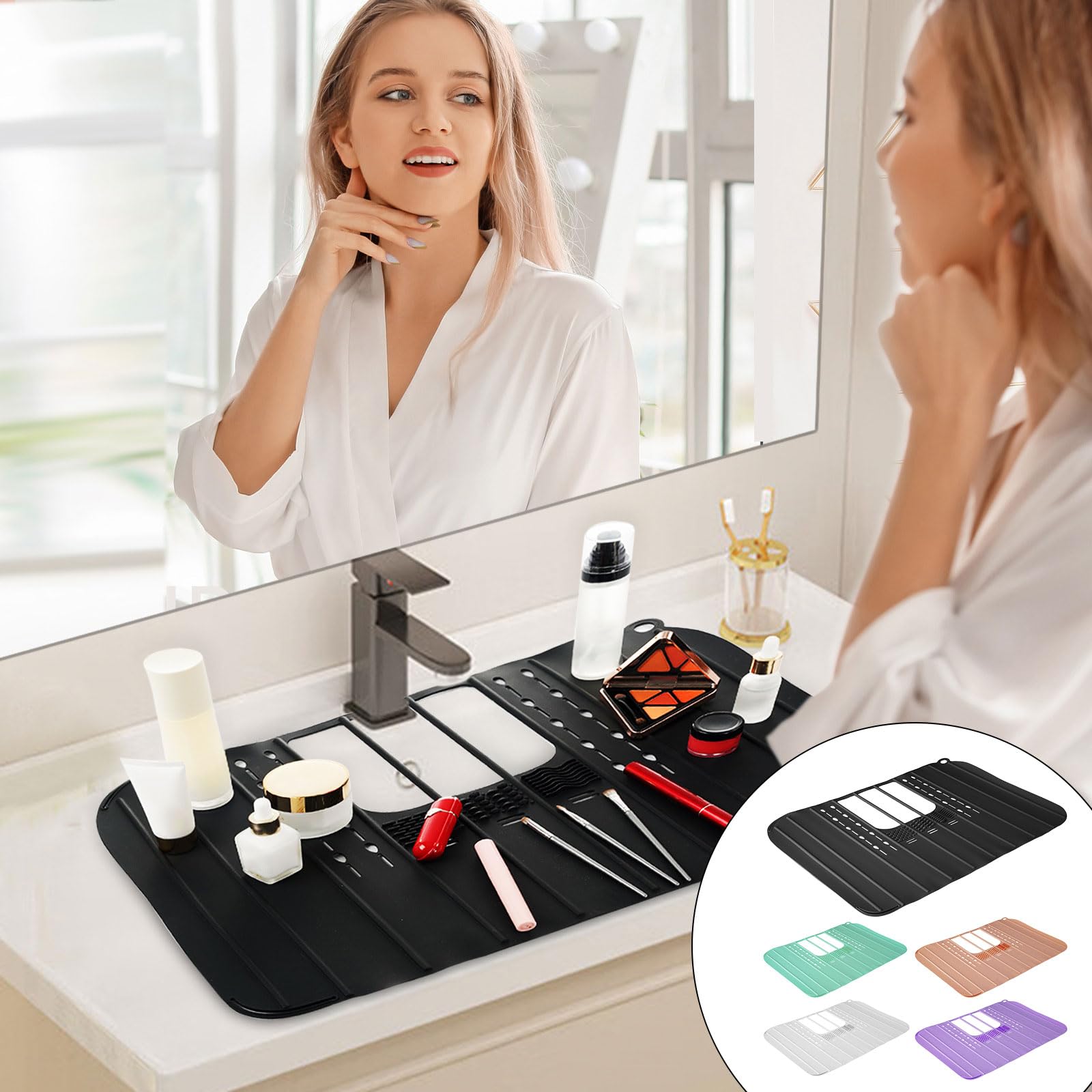 Foldable Silicone Sink Cover for Bathroom Countertops - Waterproof Makeup Organizer & Brush Mat - Perfect for Vanity, Cosmetics Storage, and Counter Protection