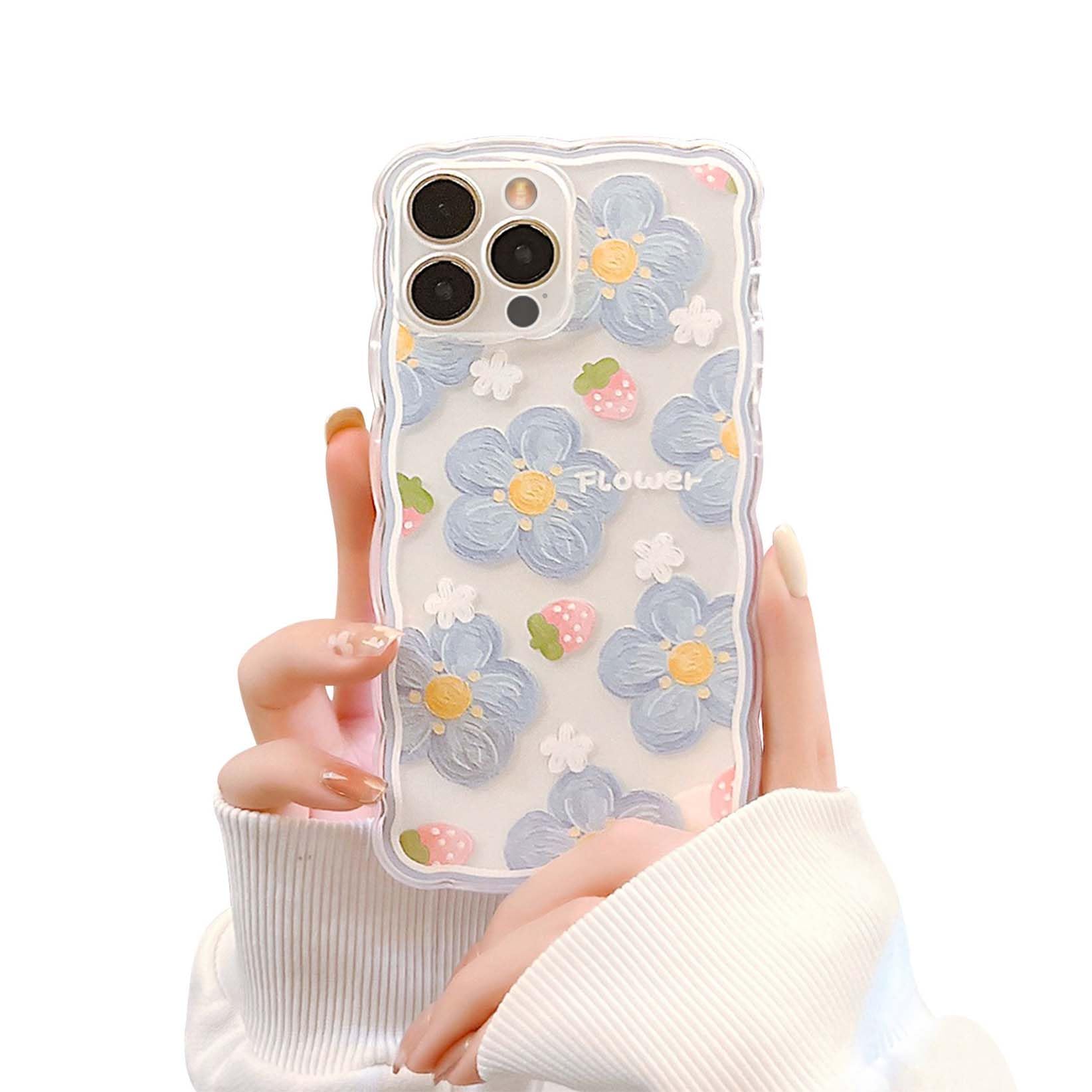 Ownest Clear Floral TPU Case for iPhone 12 Pro Max - Cute Strawberry Lace Design, Slim Shockproof Protective Cover for Women & Girls (Blue) | Perfect for Everyday Use, Work, School & Travel