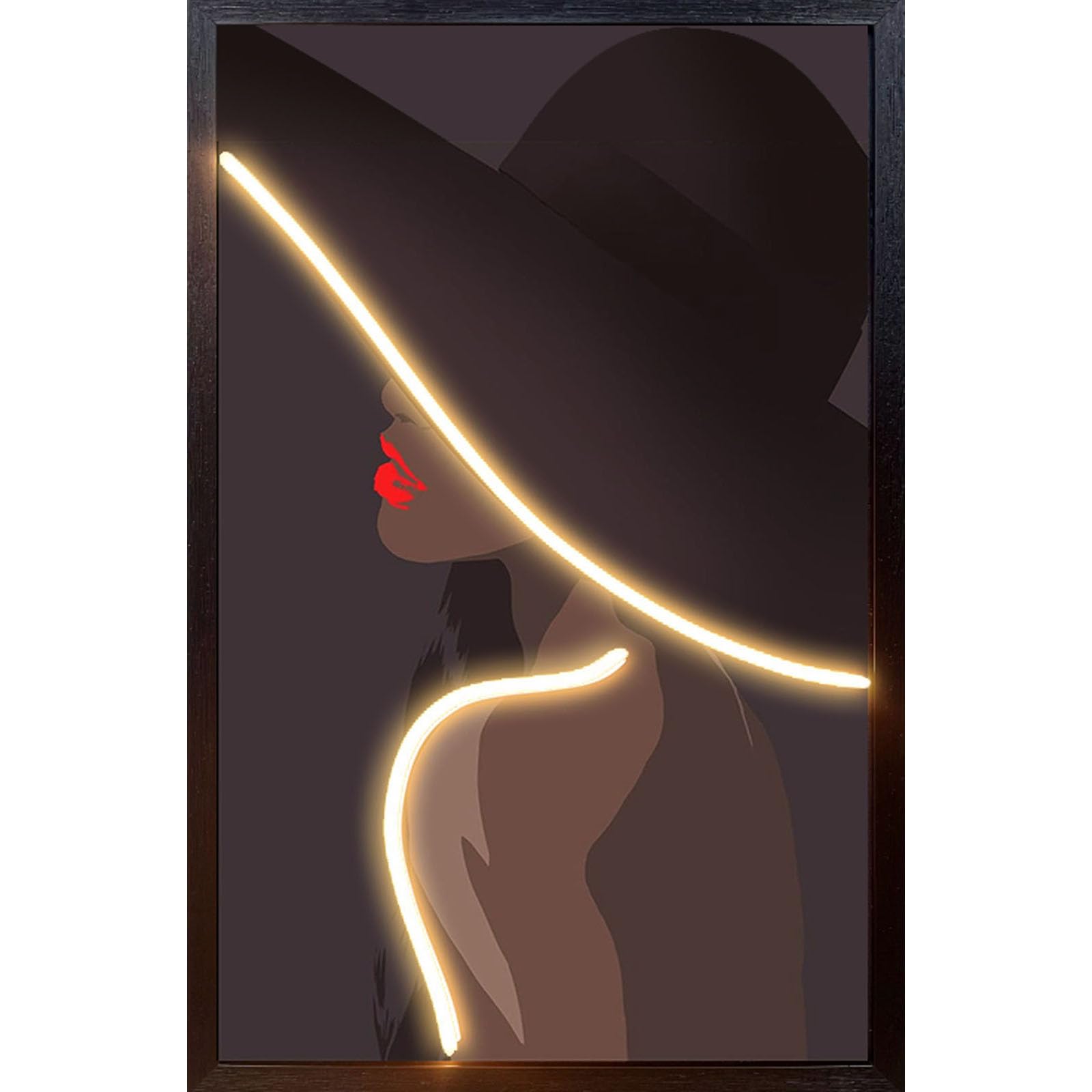 LushWhisper Neon Painting - Framed Wall Art for Living Room, Bedroom, Office & More | 24x16 Inch Modern Decor with Woman in Hat Design | Perfect for Home, Bar, Hotel, Cafe & Wedding Party