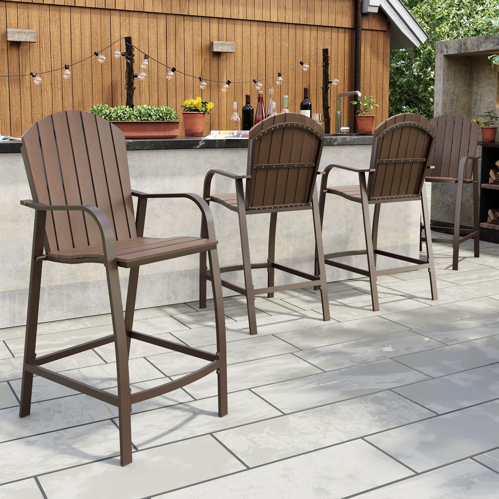 Heavy Duty All-Weather Brown Aluminum Frame Patio Bar Stools - 4-Piece Counter Height Wood Barstool Set for Indoor & Outdoor Use - Perfect for Backyard, Deck, Poolside, and Kitchen Island Seating