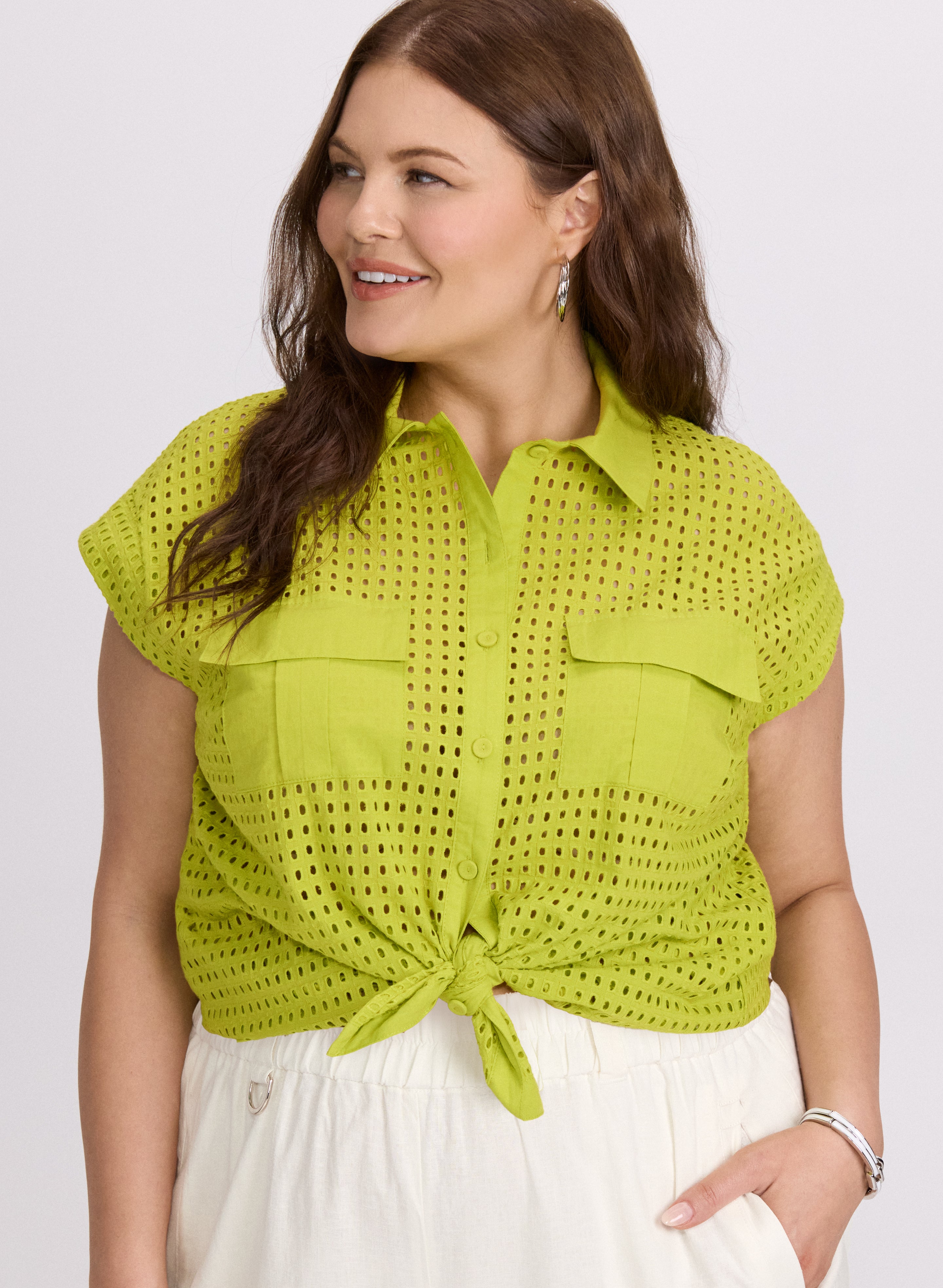Stylish Eyelet Button Down Blouse for Women | Elegant Lace Detail Top | Perfect for Office, Date Night & Summer Outfits