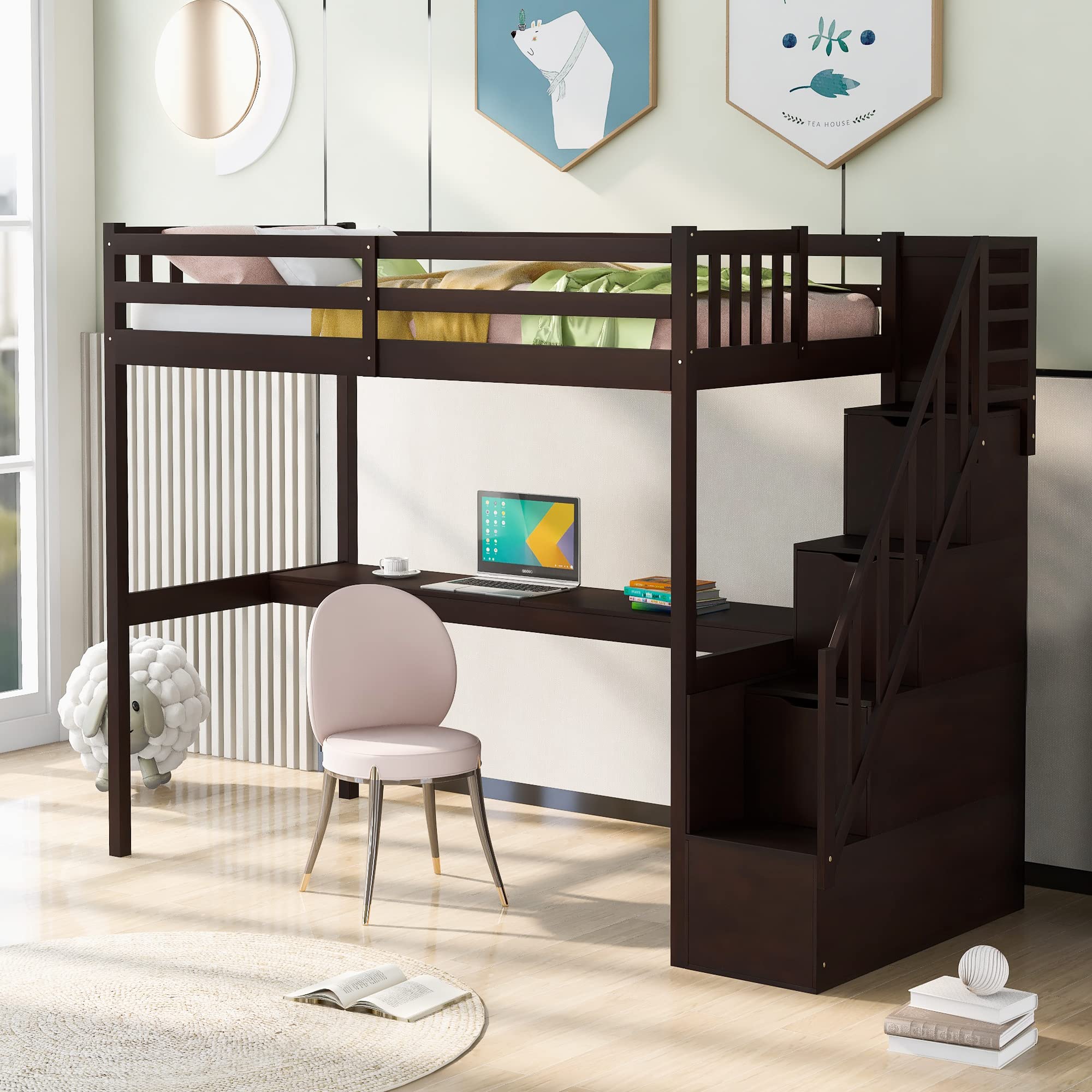 SOFTSEA Twin Loft Bed with Stairs & Built-in Desk - Space Saving Wooden Study Loft Bed for Kids & Teens - Perfect for Small Rooms, Dorm Rooms & Bedrooms (Junior Twin Size)