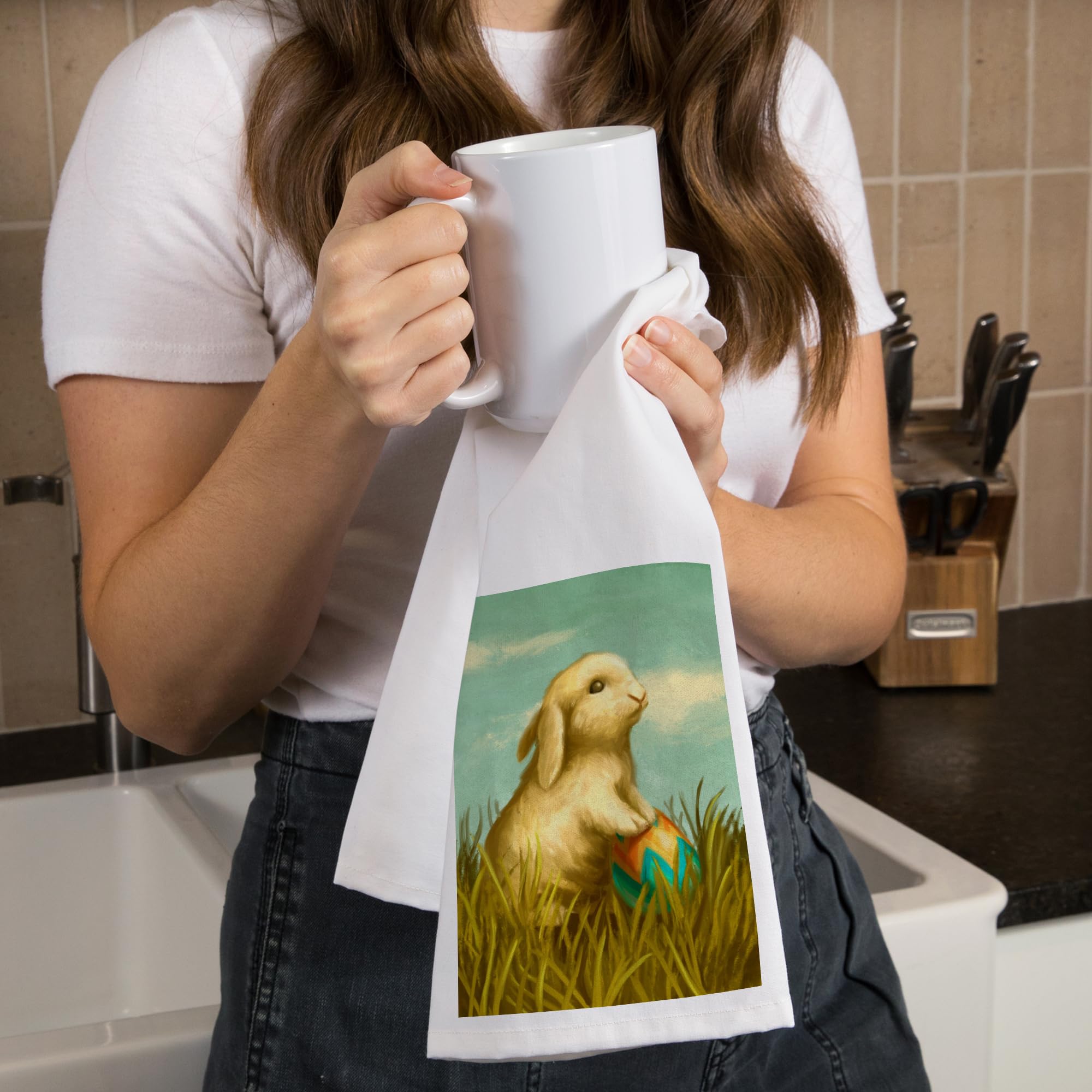Easter Bunny Oil Painting - 100% Cotton Tea Towel, Decorative Hand Towel for Kitchen & Home Decor - Perfect for Easter Gifts, Spring Home Accents, and Farmhouse Style Decorations
