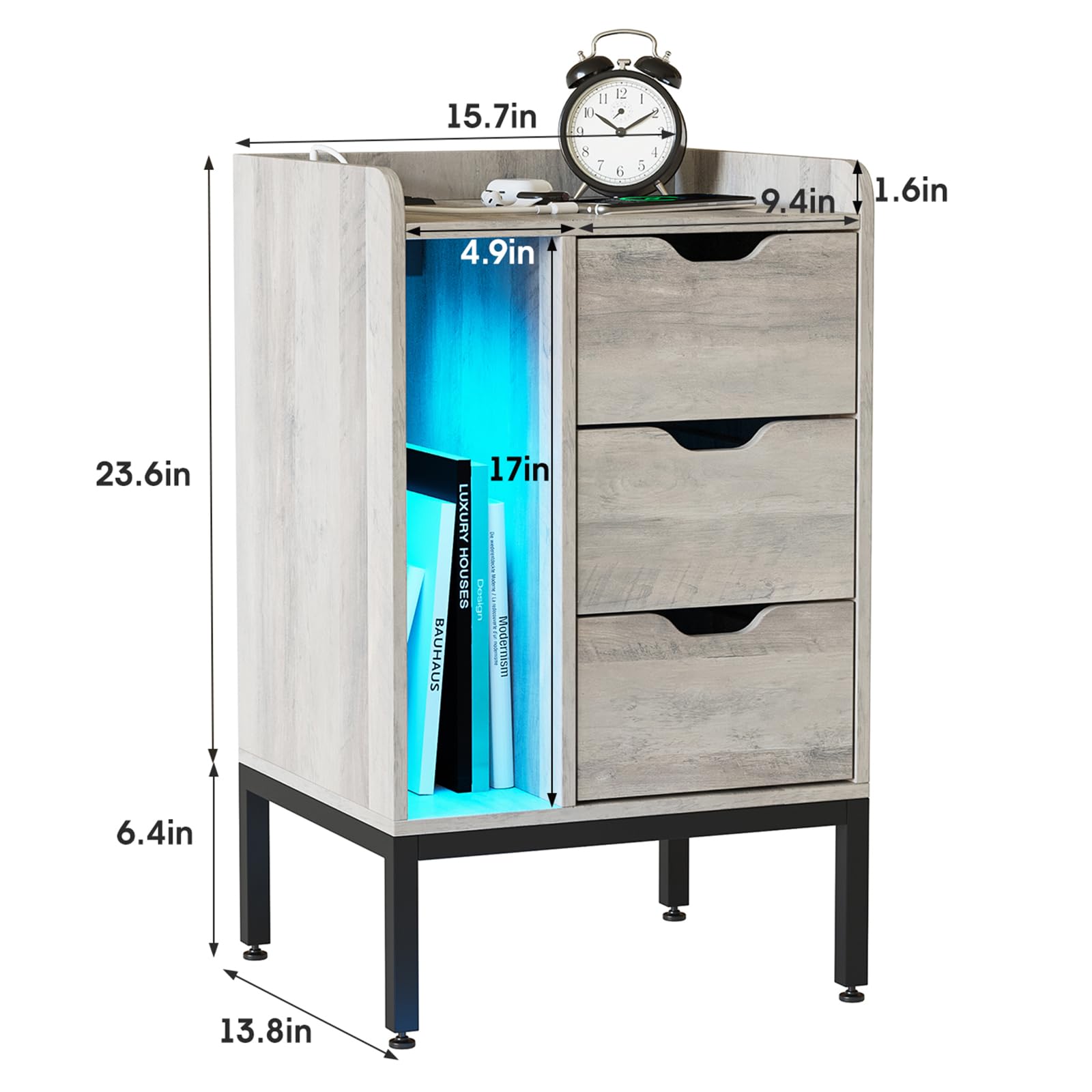 Modern Grey Nightstand with Charging Station, LED Lights & 3 Drawers - USB Outlet End Table for Bedroom & Living Room | Perfect for Small Spaces, Apartment Furniture & Nighttime Charging Convenience