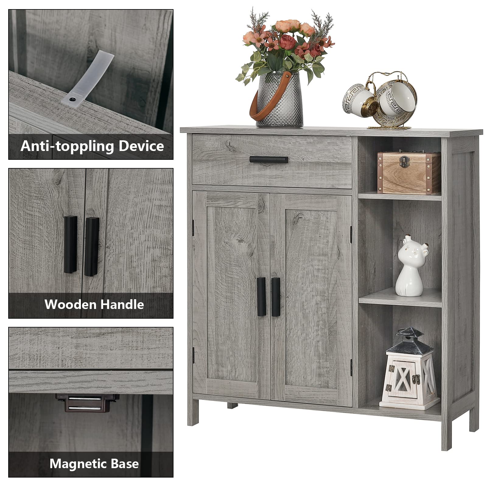 WEENFON Storage Cabinet with Drawers - Bathroom Organizer, Coffee Bar Cabinet with Doors & Shelves - Freestanding Cupboard for Living Room, Bedroom, Kitchen - Grey - Perfect for Home Organization & Small Space Storage