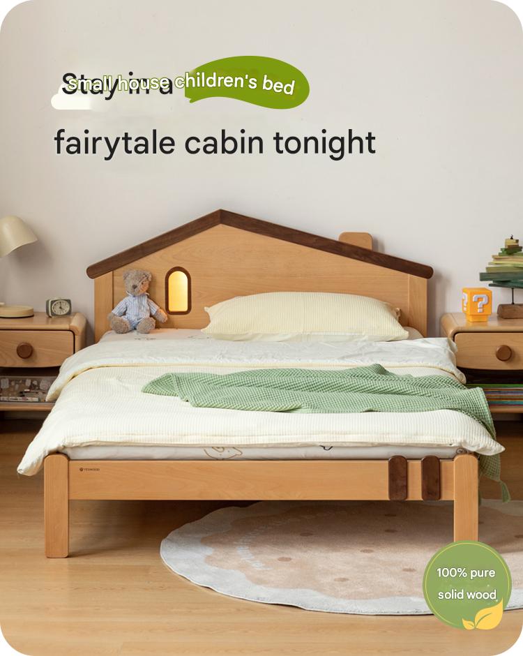 Kids Wooden Bed with Night Light - Beech & Poplar Little House Design with 15-Minute Auto Light Off - Perfect for Bedrooms, Playrooms & Cozy Sleep Spaces