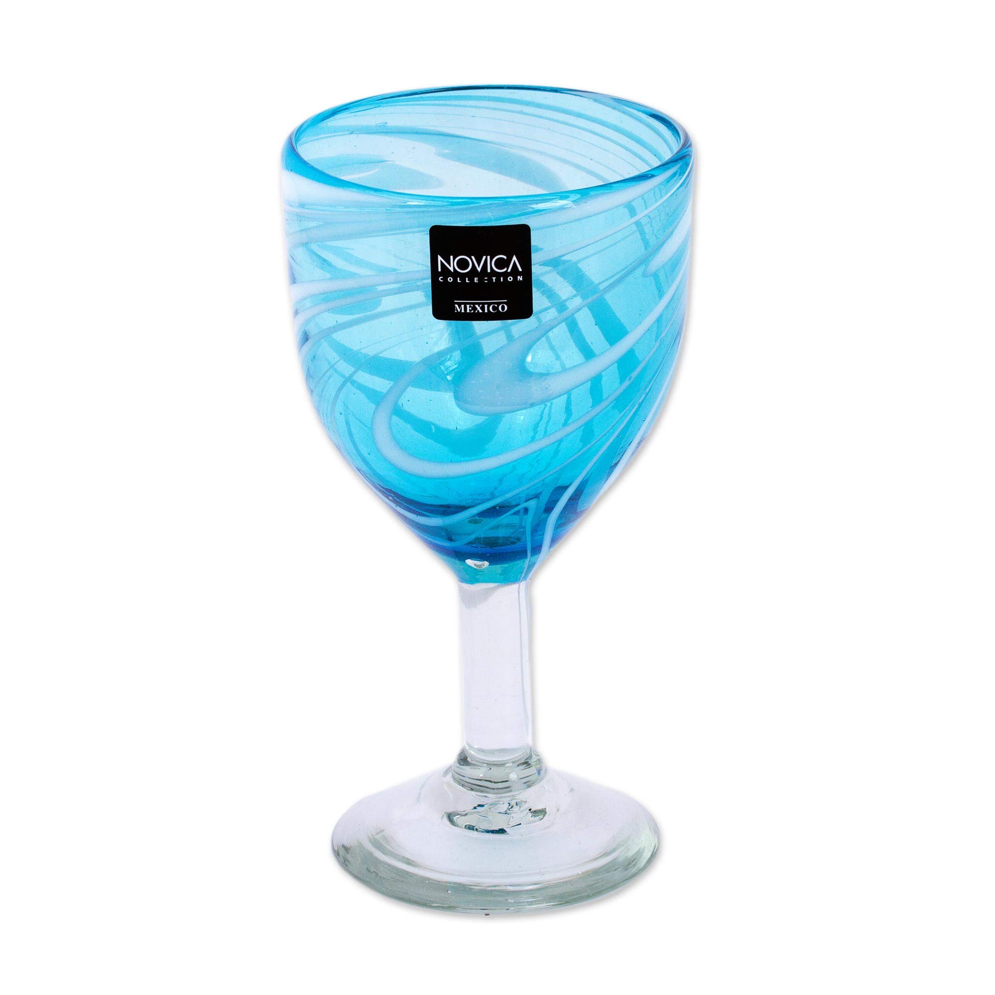 NOVICA Hand Blown Blue Glass Wine Glasses Set of 6 - 12 Oz Large 'Whirling Aquamarine' - Perfect for Dinner Parties, Wedding Gifts & Home Decor