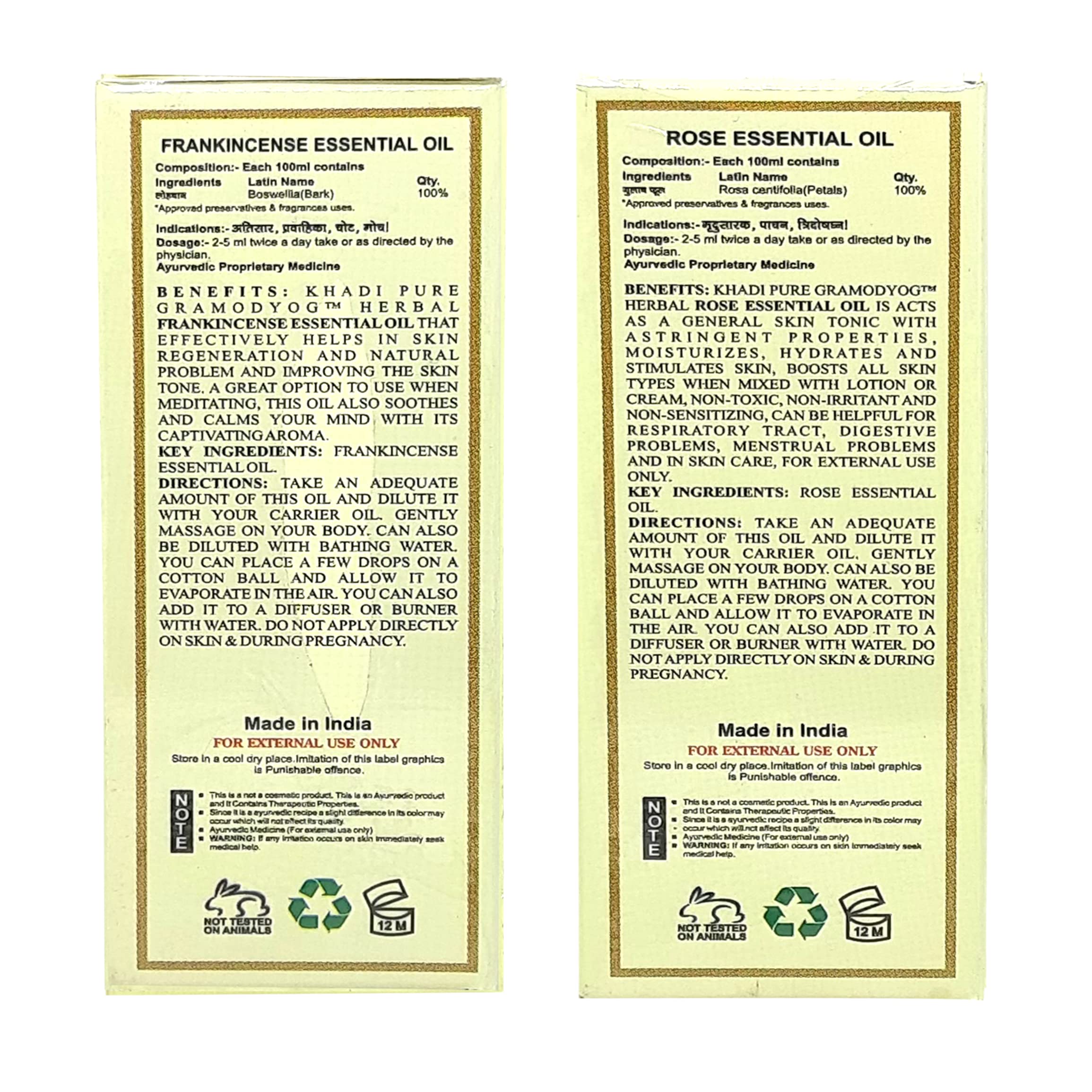 Khadi Pure Frankincense & Rose Essential Oil - 15ml (Pack of 2) | 100% Natural Aromatherapy Oil for Relaxation, Skin Care & Massage | Perfect for Diffusers, DIY Beauty & Home Spa