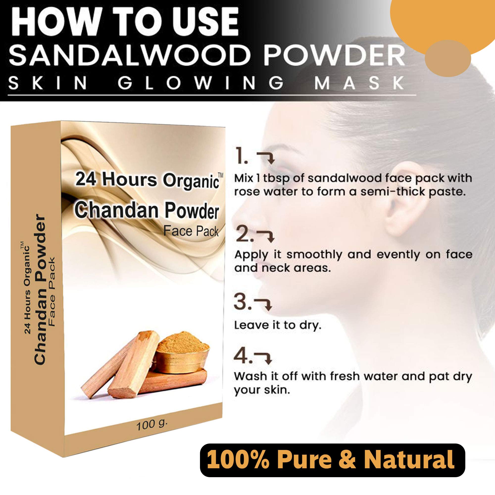 24 Hours Organic Sandalwood Powder for Face Pack - Glowing & Soft Skin Treatment - Deep Cleansing, Blackhead Removal, Anti-Acne Solution (200g) with Free Rose Water (60ml×2=120ml) - Perfect for Daily Skincare Routine & Spa Treatments