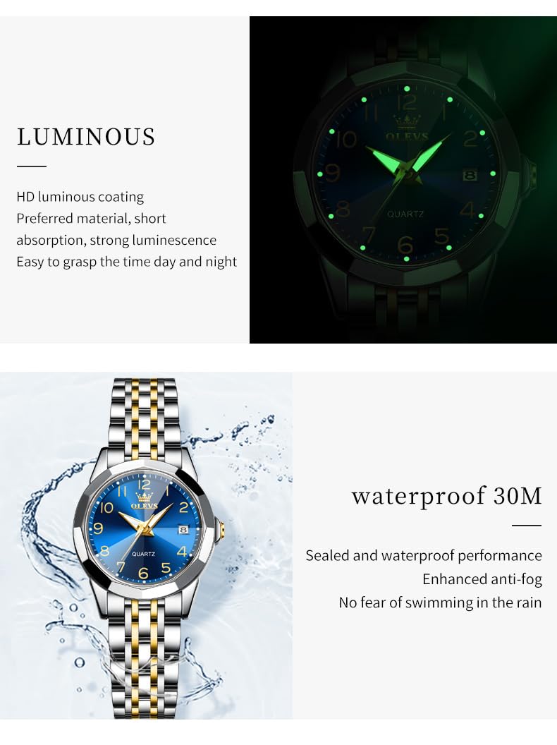 OLEVS Women's Classic Dress Watch - Analog Quartz Stainless Steel Waterproof Wristwatch with Luminous Hands, Day/Date Display, Two-Tone Design | Perfect for Office, Formal Events & Everyday Wear