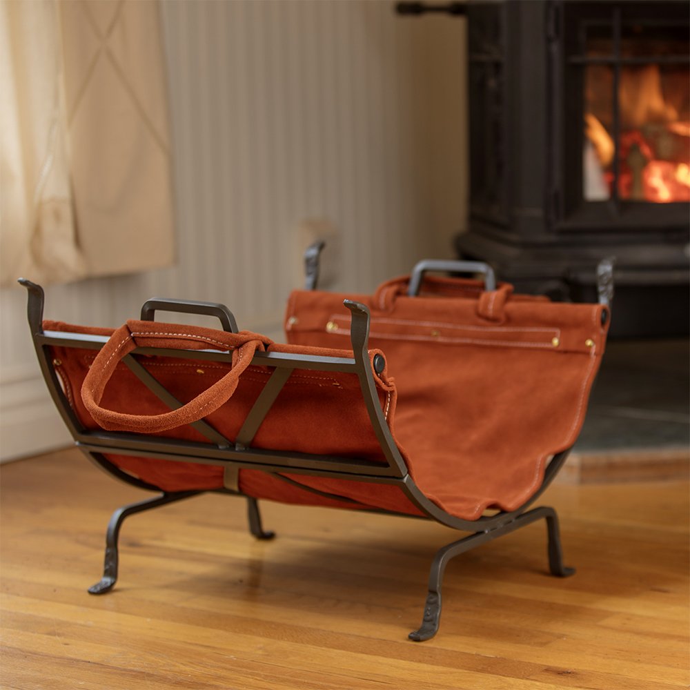 Uniflane Olde World Iron Firewood Log Holder with Suede Leather Carrier - Rustic Fireplace Accessory for Indoor/Outdoor Use - Perfect for Firewood Storage by Fireplace, Patio or Camping