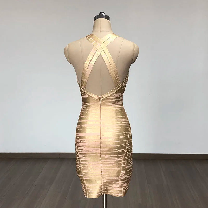 Sexy Gold Foil Off Shoulder Bodycon Mini Dress for Women - V Neck Bandage Party Dress for Evening, Birthday, Club & Night Out (Vestido)