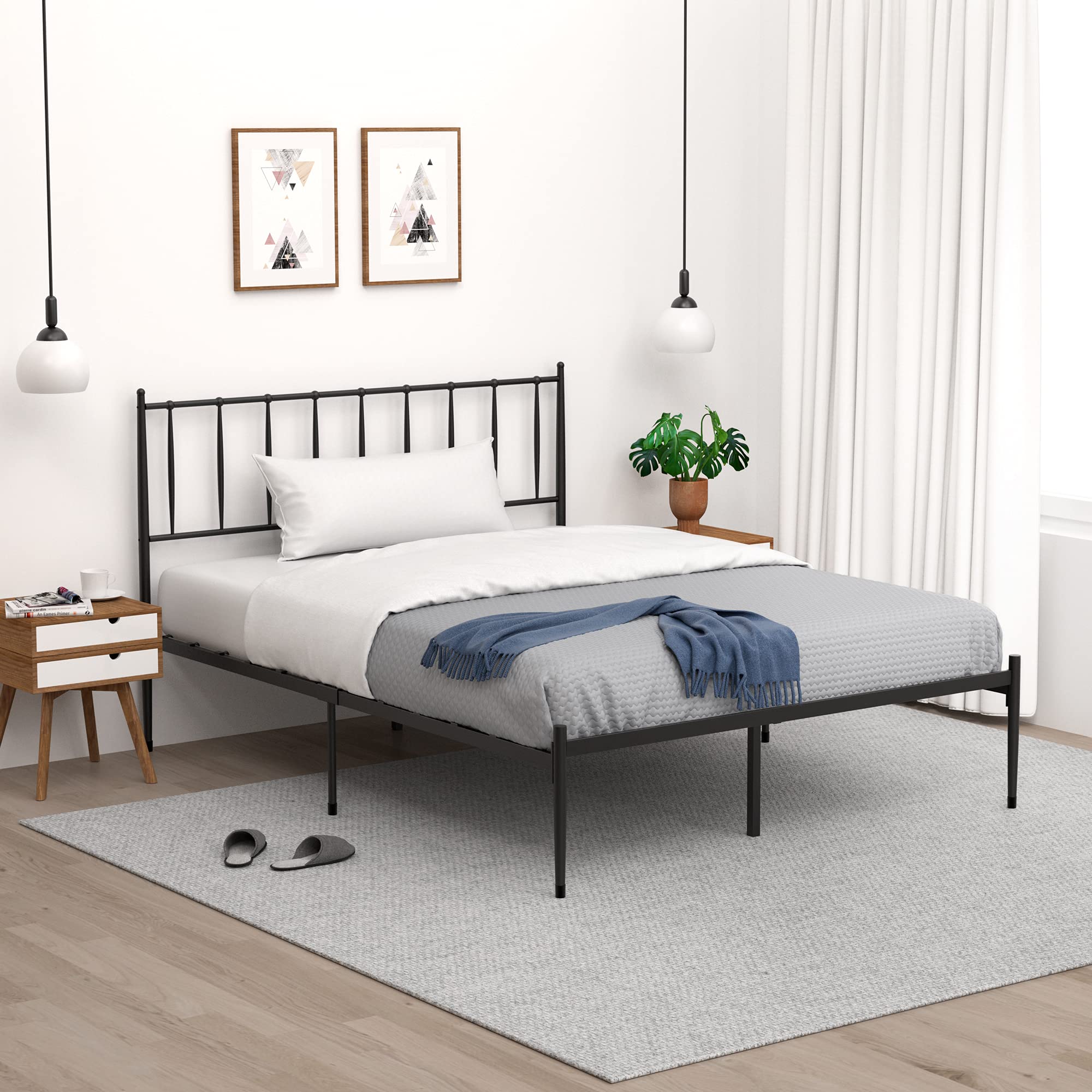 Queen Size Platform Bed Frame with Metal Headboard - Sturdy Mattress Foundation with Slat Support, 12.3