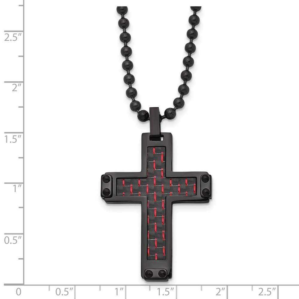 Black Plated Stainless Steel Cross Necklace with Carbon Fiber Accent - 22 Inch Chain, Blk/Red | Perfect for Gifts, Religious Jewelry & Everyday Wear