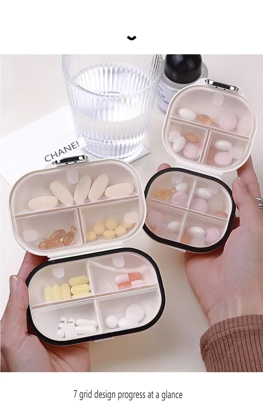 7-Compartment Pill Organizer Case with Carabiner Clip - Portable Daily Medication Dispenser for Men & Women (Beige/Small Milk White) - Perfect for Travel, Work, and Home Use