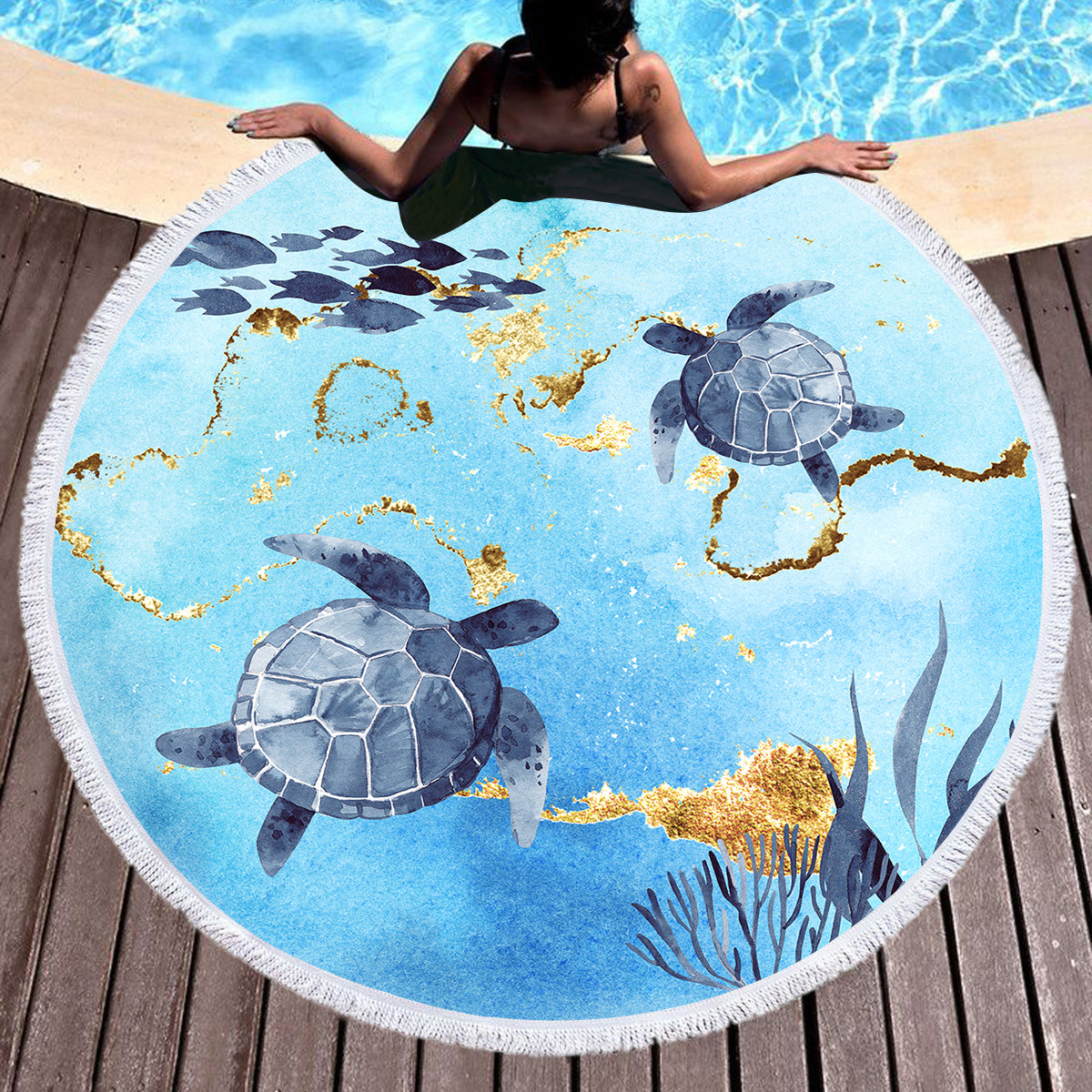 Golden Sea Turtle Bay Round Beach Towel - Large 60
