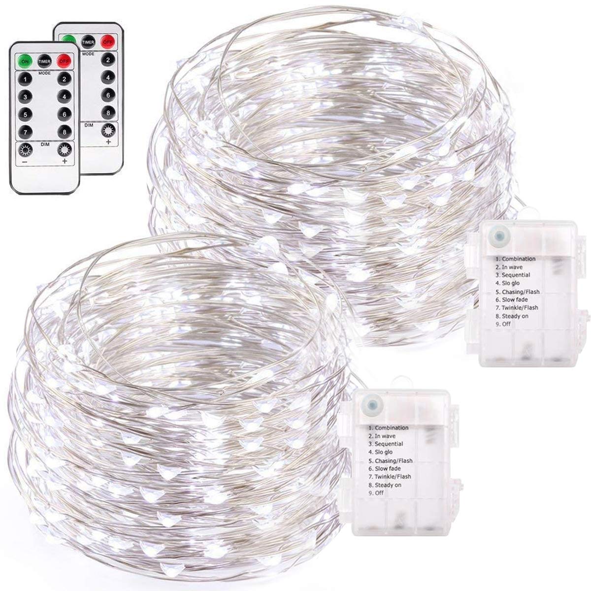 2 Pack 75 LED 24.6ft Battery Operated Fairy String Lights with Remote - 8 Lighting Modes Silver Wire Firefly Lights for Christmas Party, Bedroom, Wedding, Garden & Outdoor Decor (Cool White) | Indoor/Outdoor Waterproof Fairy Lights for Patio, Backyard, Party & Holiday Decoration