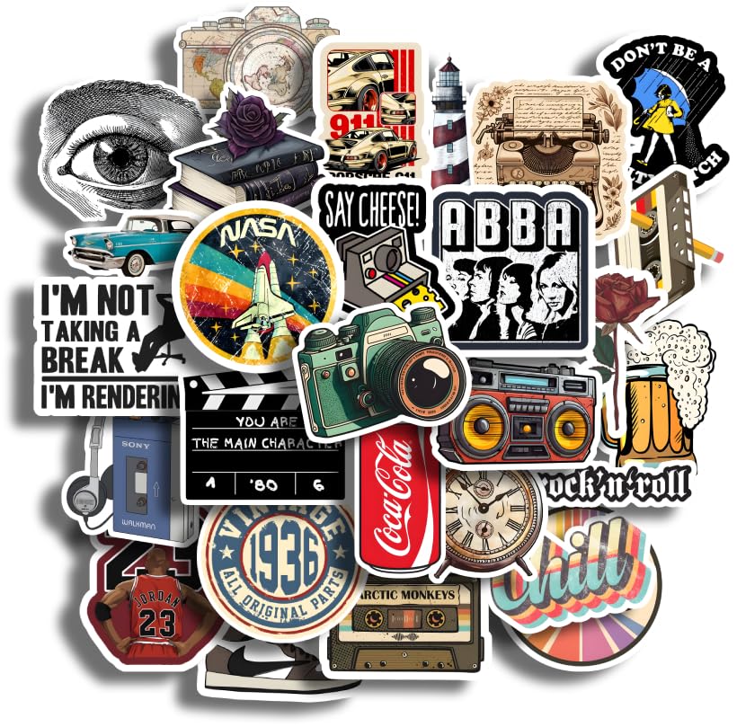 28Pcs Vintage Vinyl Stickers - Waterproof & Residue-Free Decals for Laptops, Journals, Scrapbooks, Water Bottles, Guitars - Self-Adhesive 21cm - Perfect for DIY Crafts, Home Decor & Personalizing Accessories
