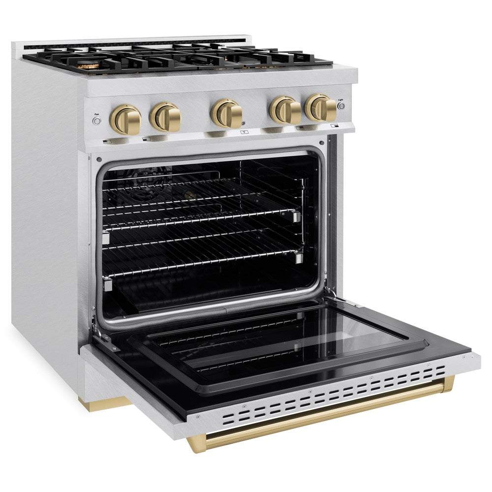 ZLINE Autograph Edition 30-inch 4.2 cu. ft. Classic Gas Range with 4 Burner Cooktop & Convection Gas Oven - Satin Stainless Steel with Champagne Bronze Accents (CGRSZ 30 CB) | Perfect for Home Kitchens & Professional Cooking