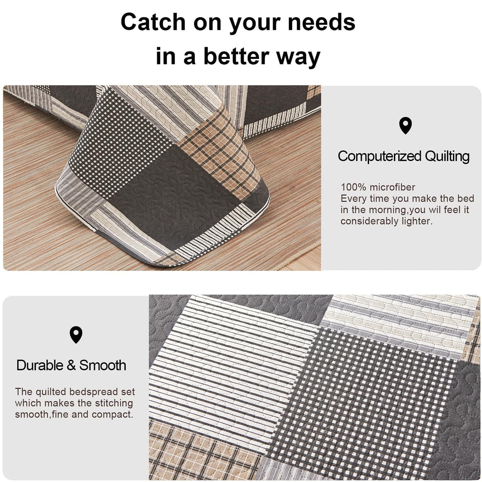 **King Size Plaid Quilt Set - Reversible Lightweight Microfiber Bedspread Coverlet for Boys & Men, Brown White Patchwork Design, All Season Soft Bedding - Perfect for Bedroom, Dorm, or Guest Room**