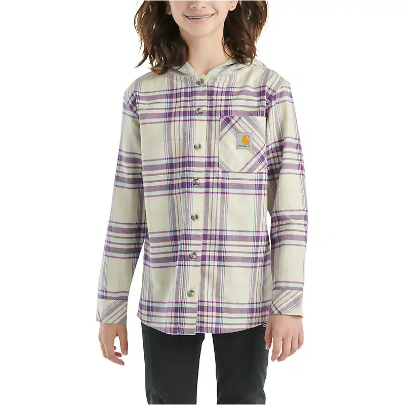 Carhartt Kids Long Sleeve Flannel Shirt with Button Front & Hood - Dark Purple | Warm Winter Wear for Boys & Girls | Outdoor Play & School Activities