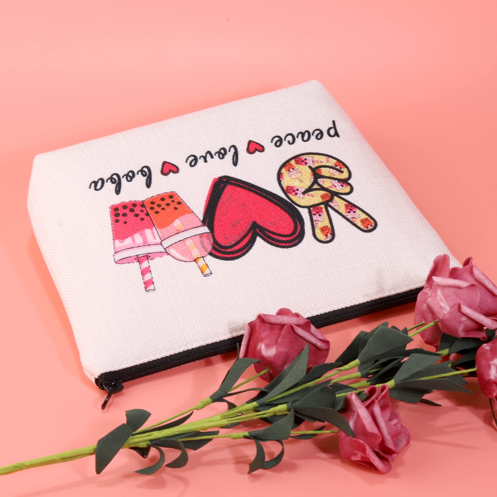 JXGZSO Peace Love Boba Cosmetic Bag - Cute Makeup Pouch with Zipper for Boba Tea Lovers - Perfect for Travel, School & Gift Giving