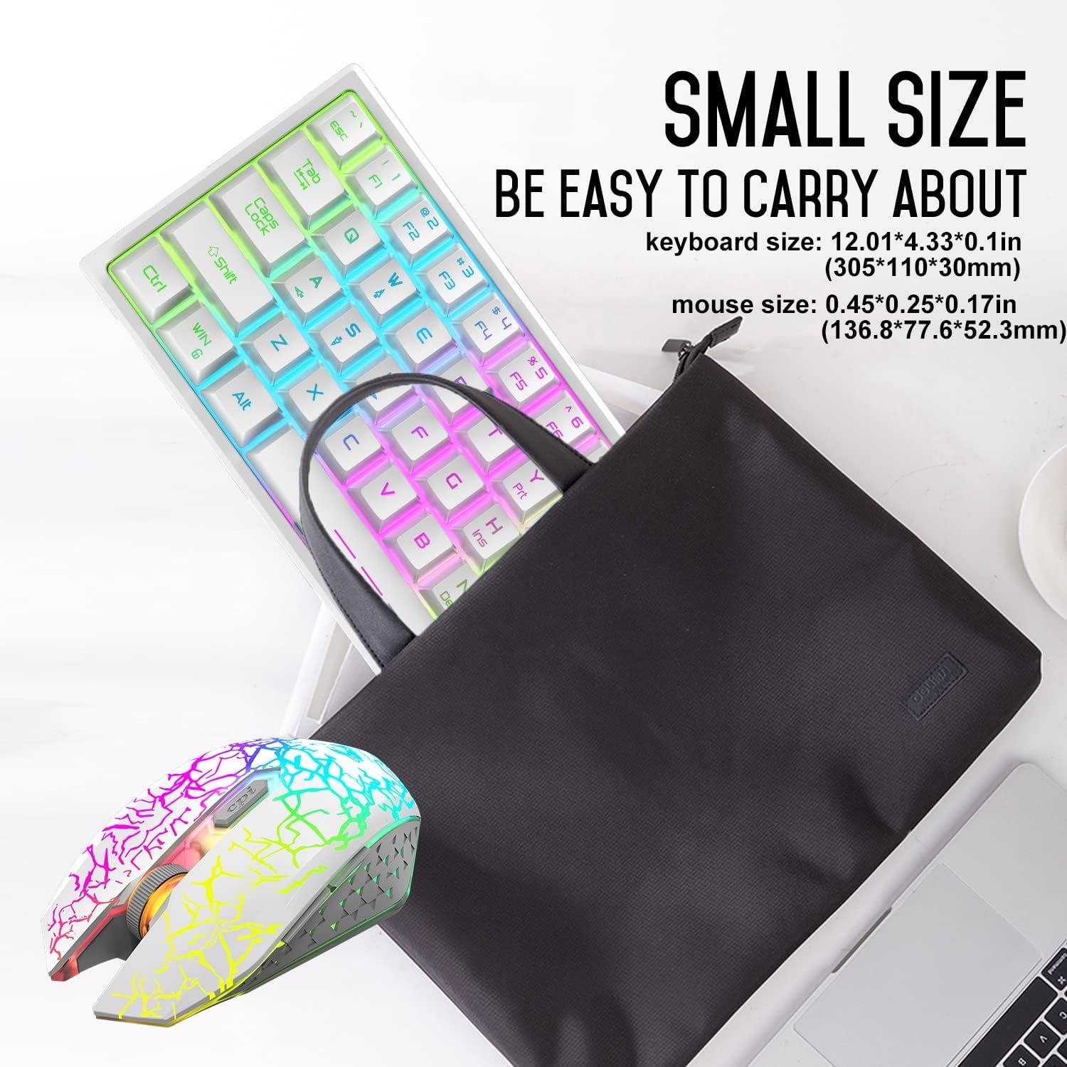 60% Compact Wireless Gaming Keyboard and Mouse Set with RGB Rainbow Backlight, 3800mAh Type-C Rechargeable, Mechanical Feel, Green Mouse Pad - Perfect for PC, Laptop, PS4 Gaming (White)