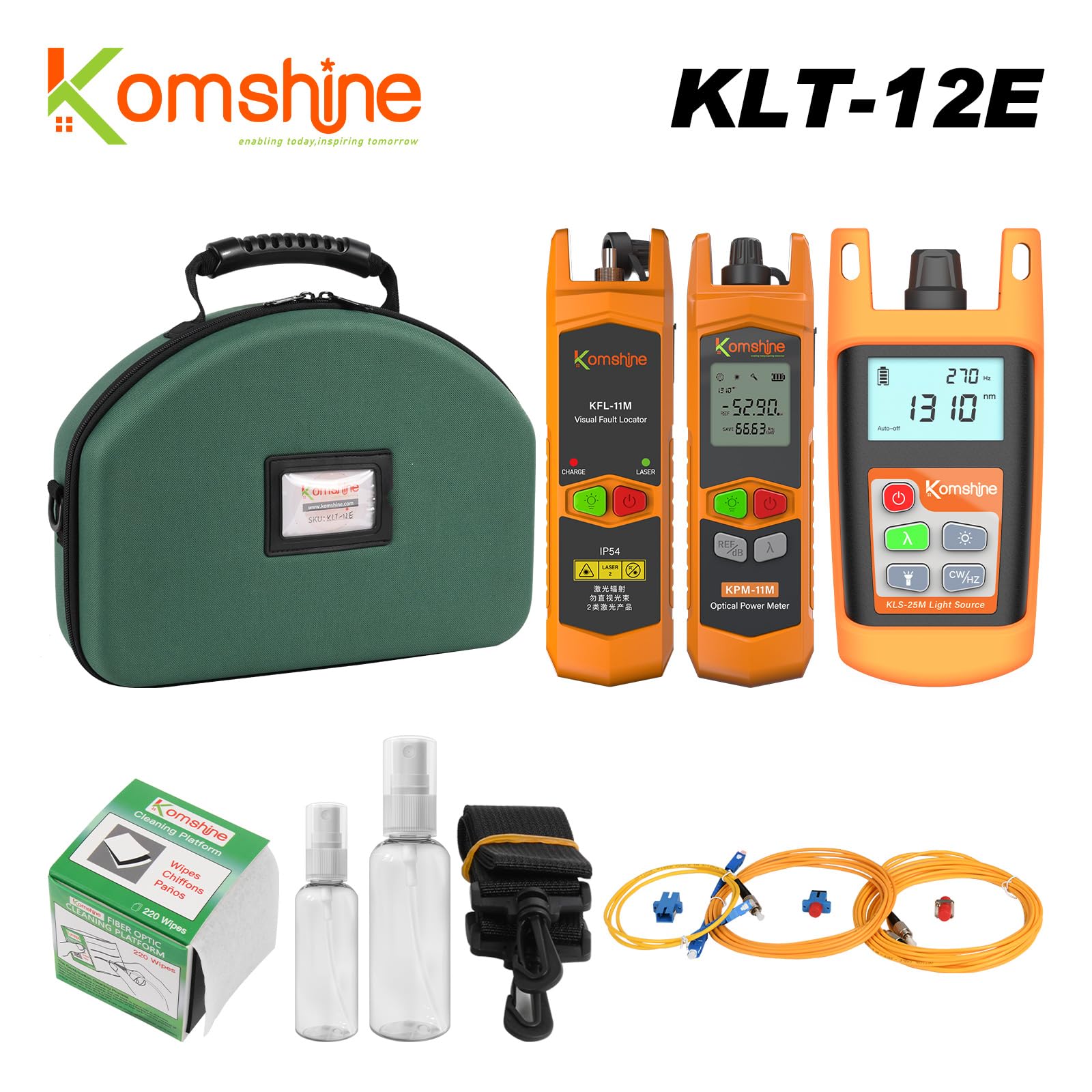 KLT-12E Fiber Optic Test Kit with OPM Power Meter (-70~+6dBm), OLS Light Source, VFL Visual Fault Locator (5-8km) & Cable Cleaning Wipes - Professional Network Cable Tester for Telecom, Data Center & FTTH Installations