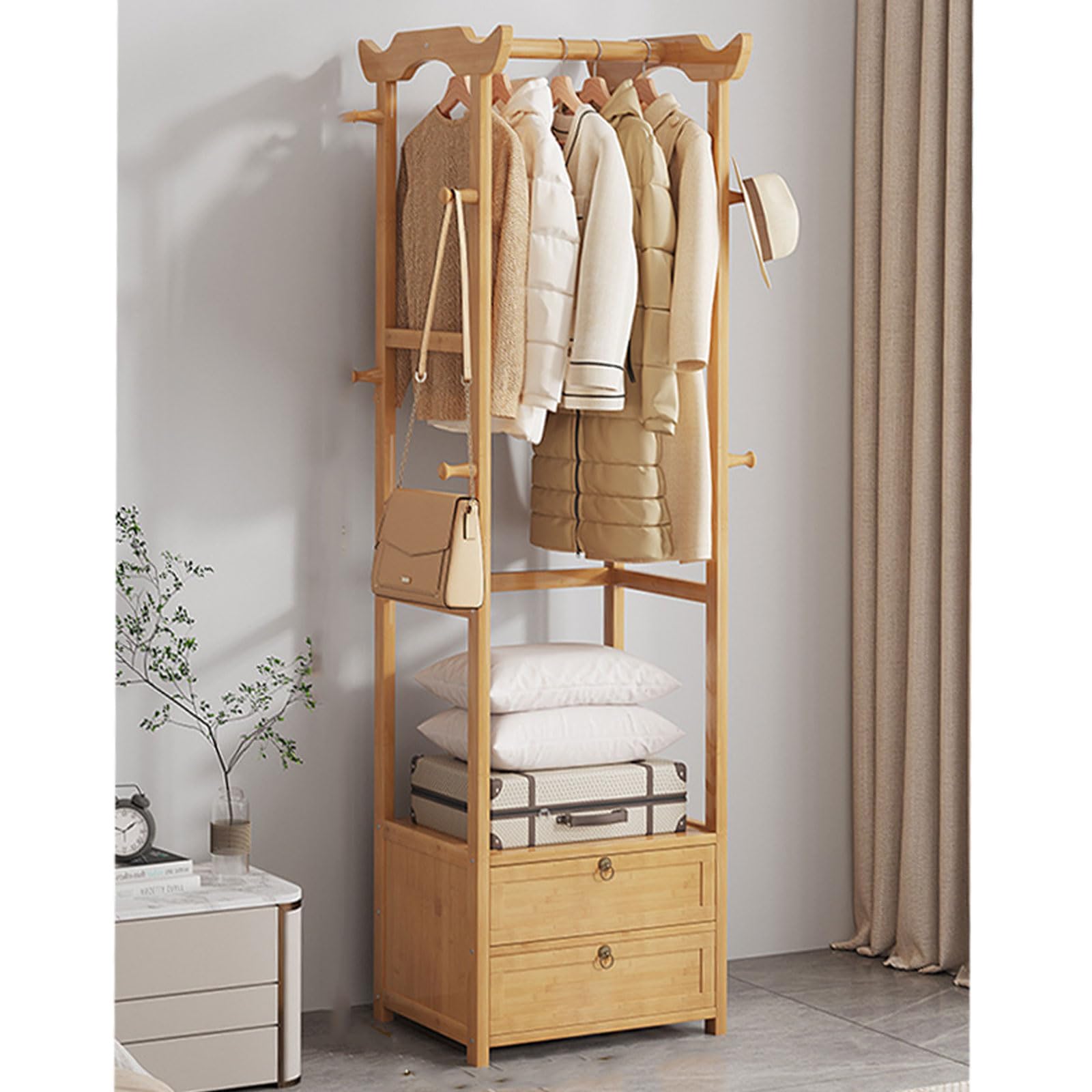 Modern Minimalist Bamboo Coat Rack Stand with 8 Hooks & Storage Shelves - Freestanding Clothes Hanger for Jackets, Hats & Accessories - Perfect for Living Room, Bedroom, Hallway & Entryway Organization