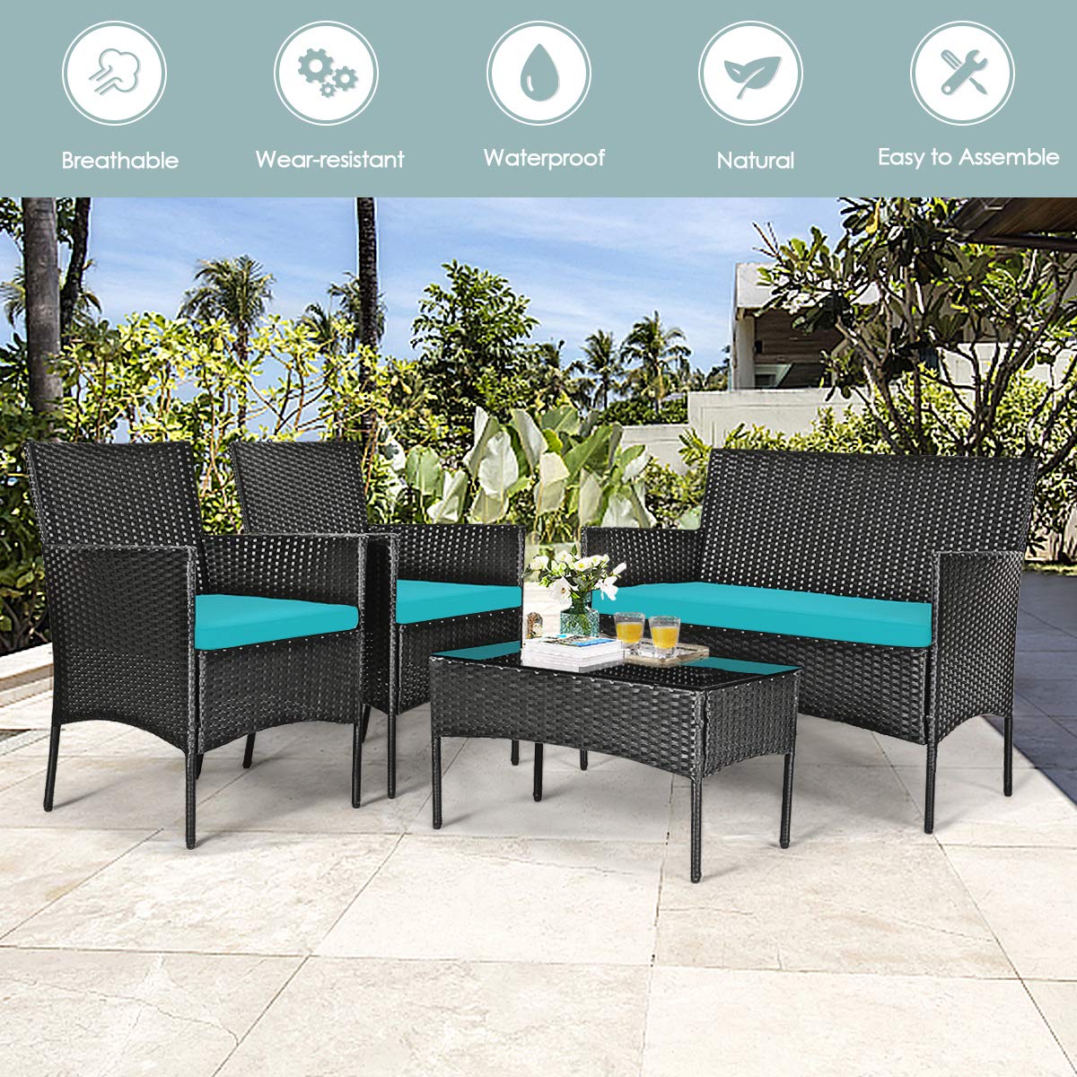 HAPPYGRILL 4-Piece Outdoor Patio Furniture Set - Rattan Wicker Conversation Sofa with Tempered Glass Top Table & Removable Cushions - Perfect for Poolside, Garden, Backyard, and Patio Relaxation