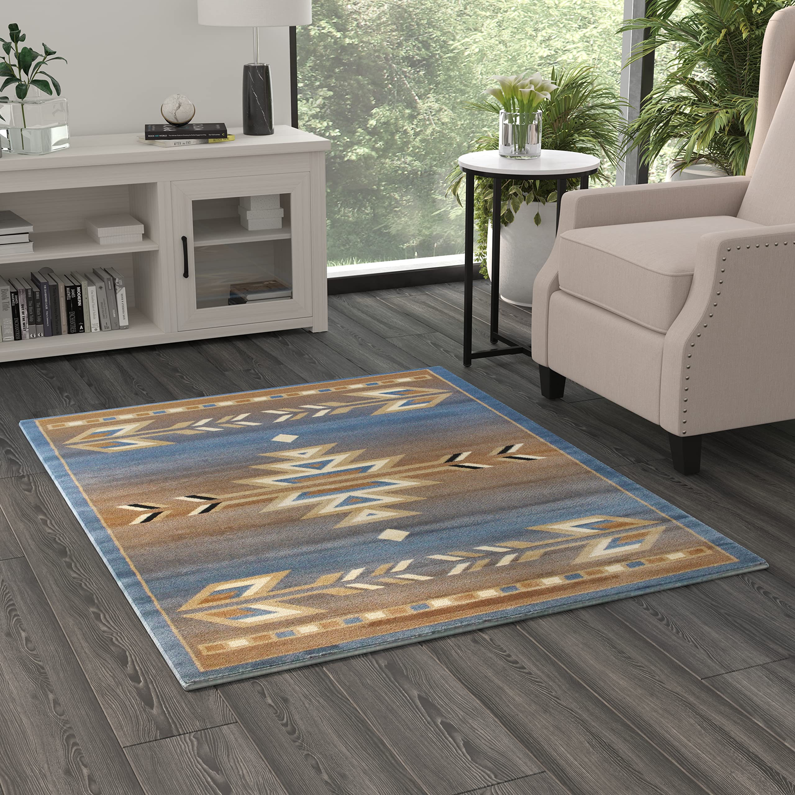 Masada Southwest 4'x5' Native American Area Rug - Blue Tribal Design Handmade Wool Rug for Living Room, Bedroom & Boho Decor